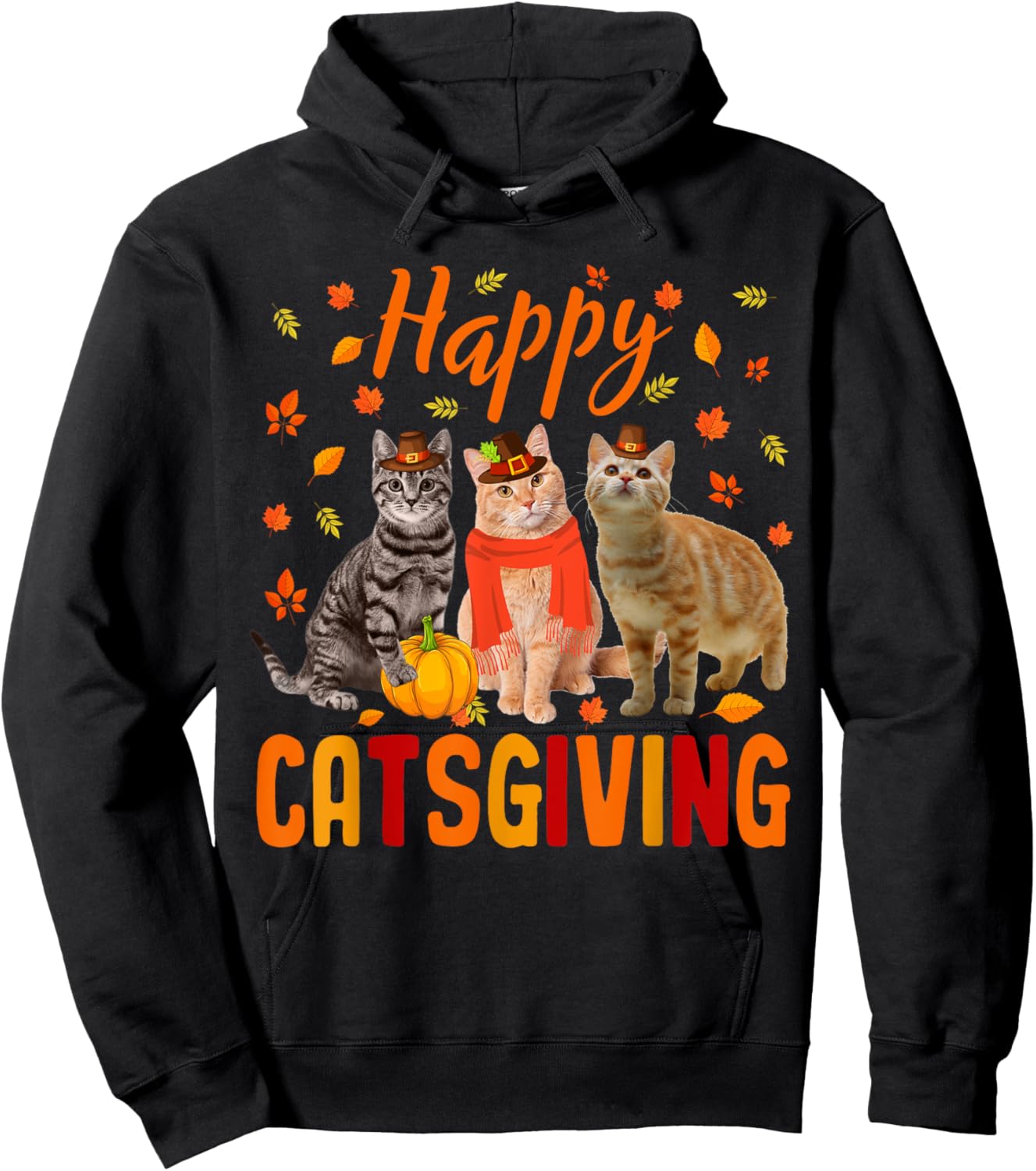 Happy Catsgiving Cute Thanksgiving Cat Wears Pilgrim Hat Hoodie - Hoodie | Black