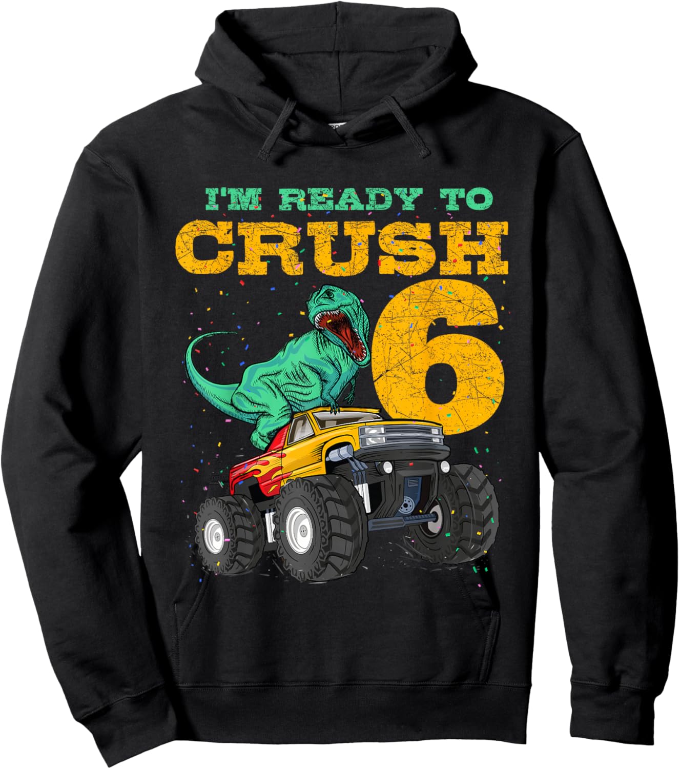 6th Birthday Monster Truck Dino 6 Years Old Bday Hoodie - Hoodie | Black