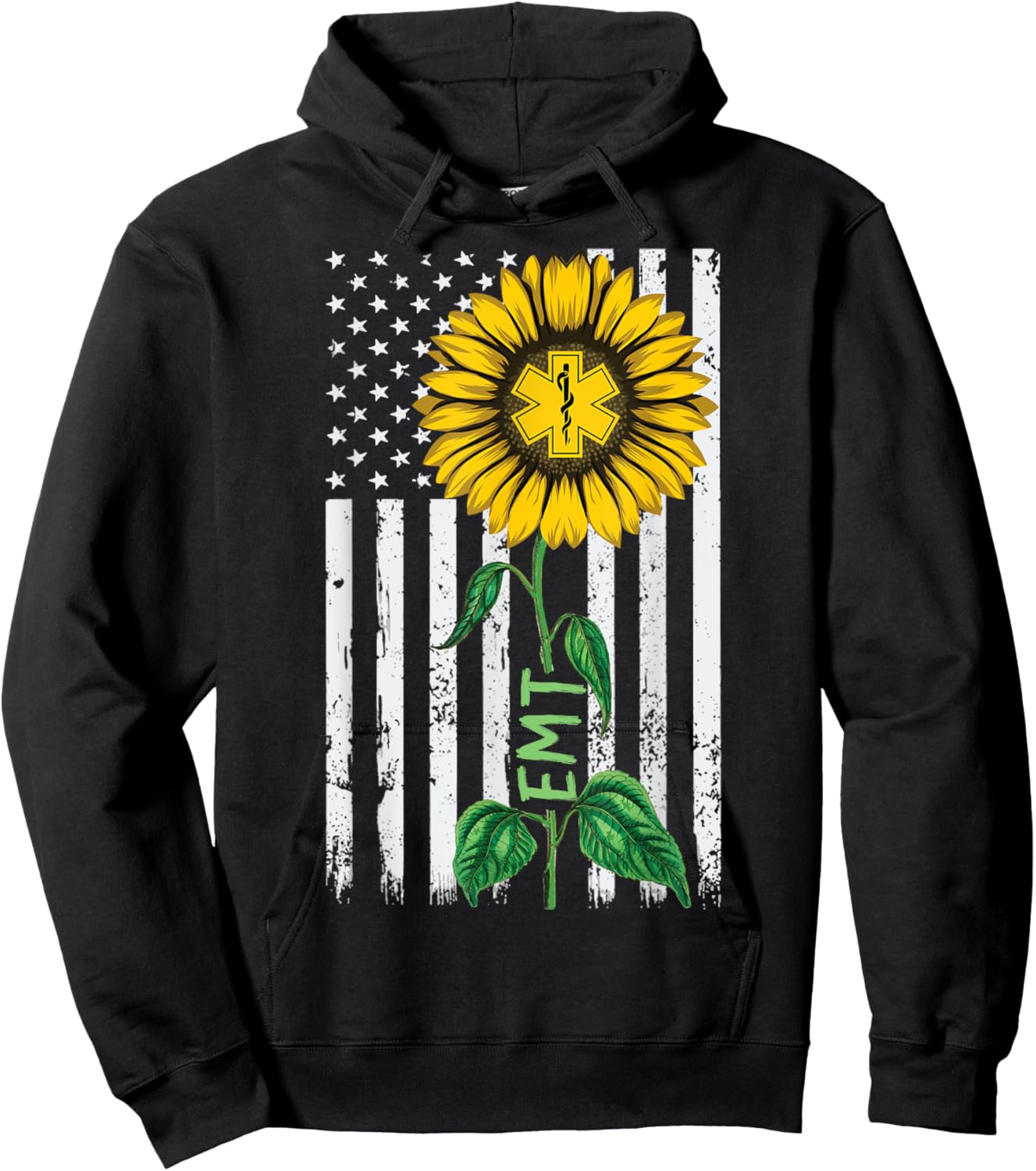 Vintage American Flag EMT Sunflower Hippie EMT Nurse Gifts Women Kids Men Hoodie - Hoodie | Black