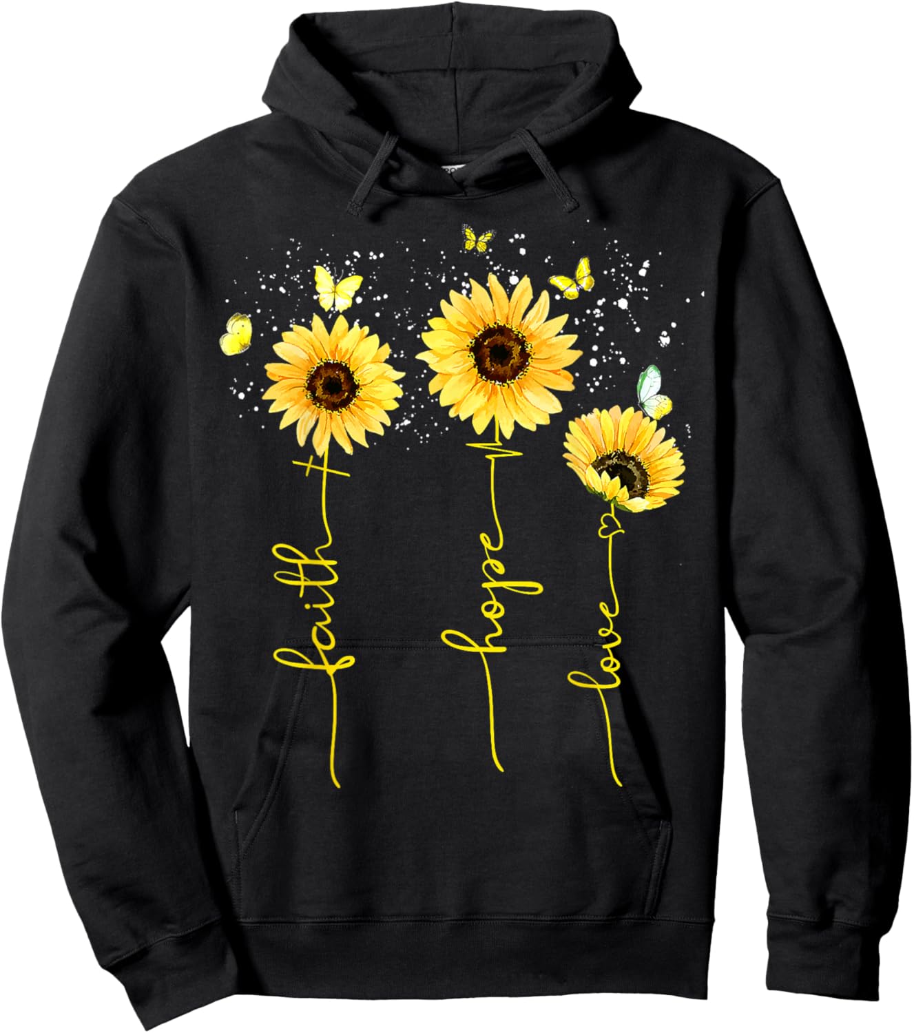 Vintage Faith Cross Hope Love Sunflower Butterfly Christian Hoodie - Hoodie | Black