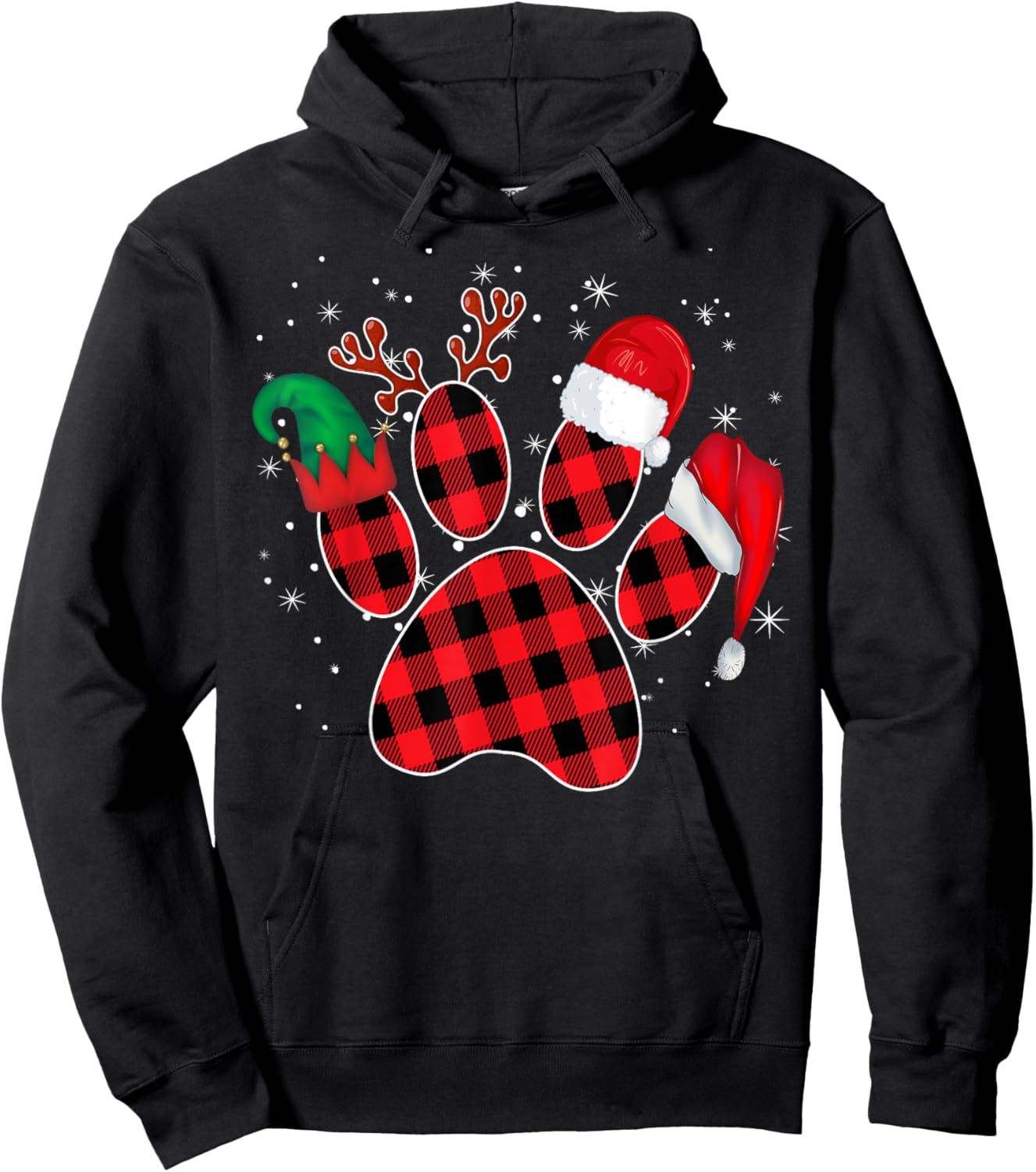 Dog Paws Christmas Buffalo Plaid Paw Santa Elf Reindeer Fun Women Kids Hoodie - Hoodie | Black