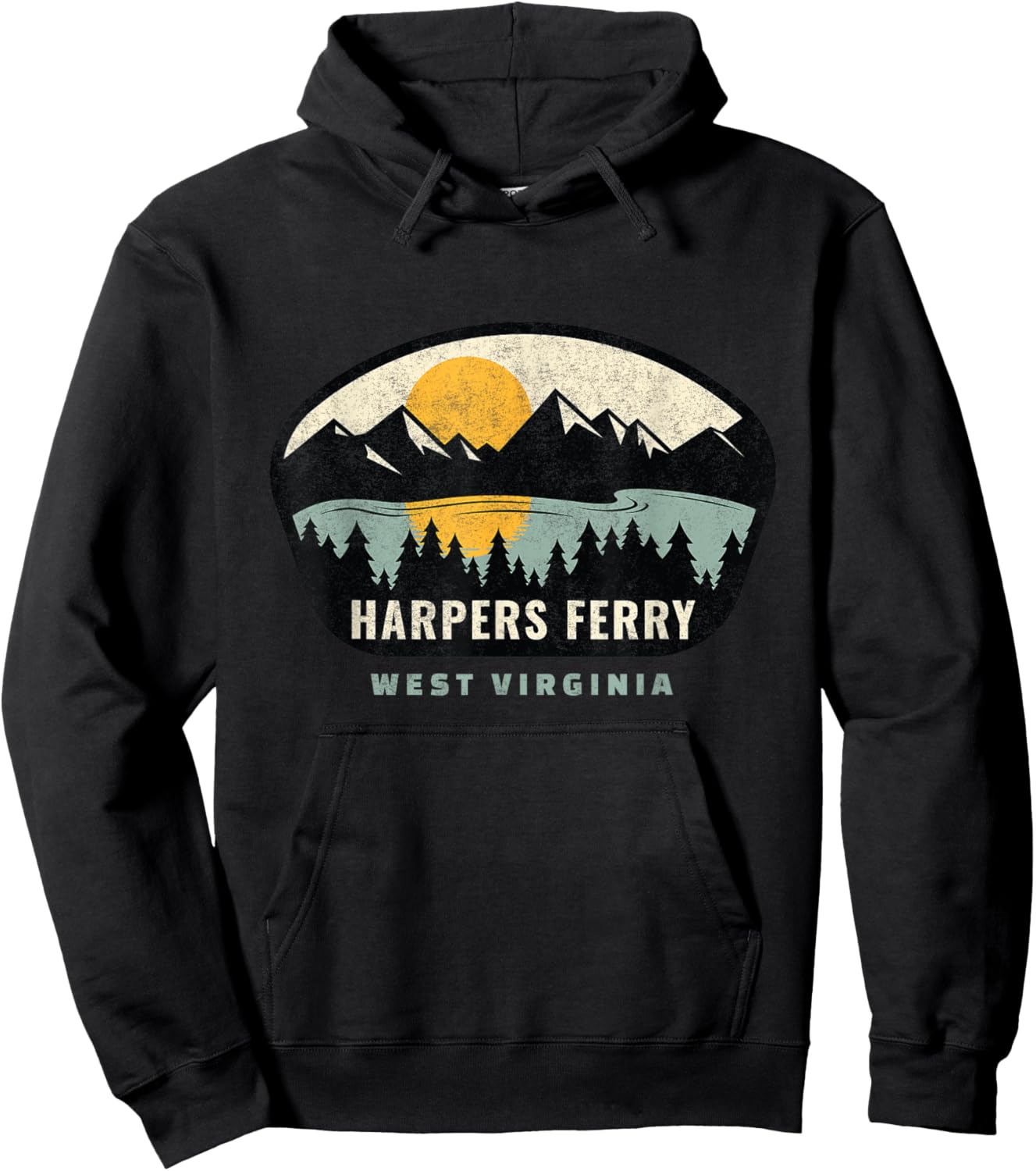 Whyitsme Design -Adults Vacation - Black, Small - Short Sleeve - - Modern - Distressed Design with Sunset Background - Harpers Ferry West Virginia Souvenir Hoodie - Hoodie | Black