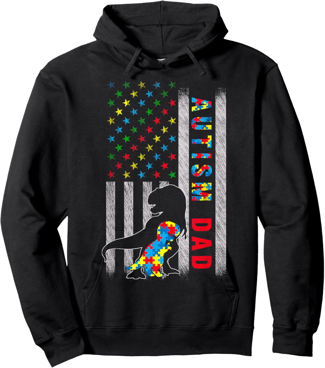 Autism Dad US Flag Dinosaur Autism Awareness Hoodie - Hoodie | Black