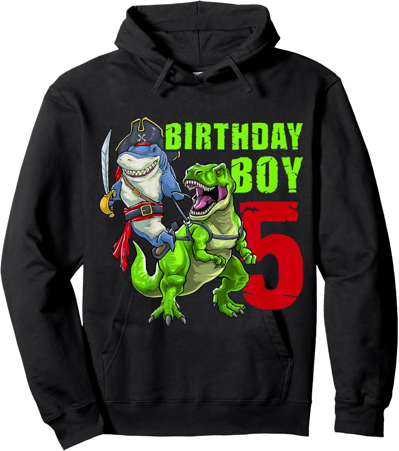 Kids 5th Birthday Boy 5 Years Old Dinosaur Pirate Shark Hoodie - Hoodie | Black