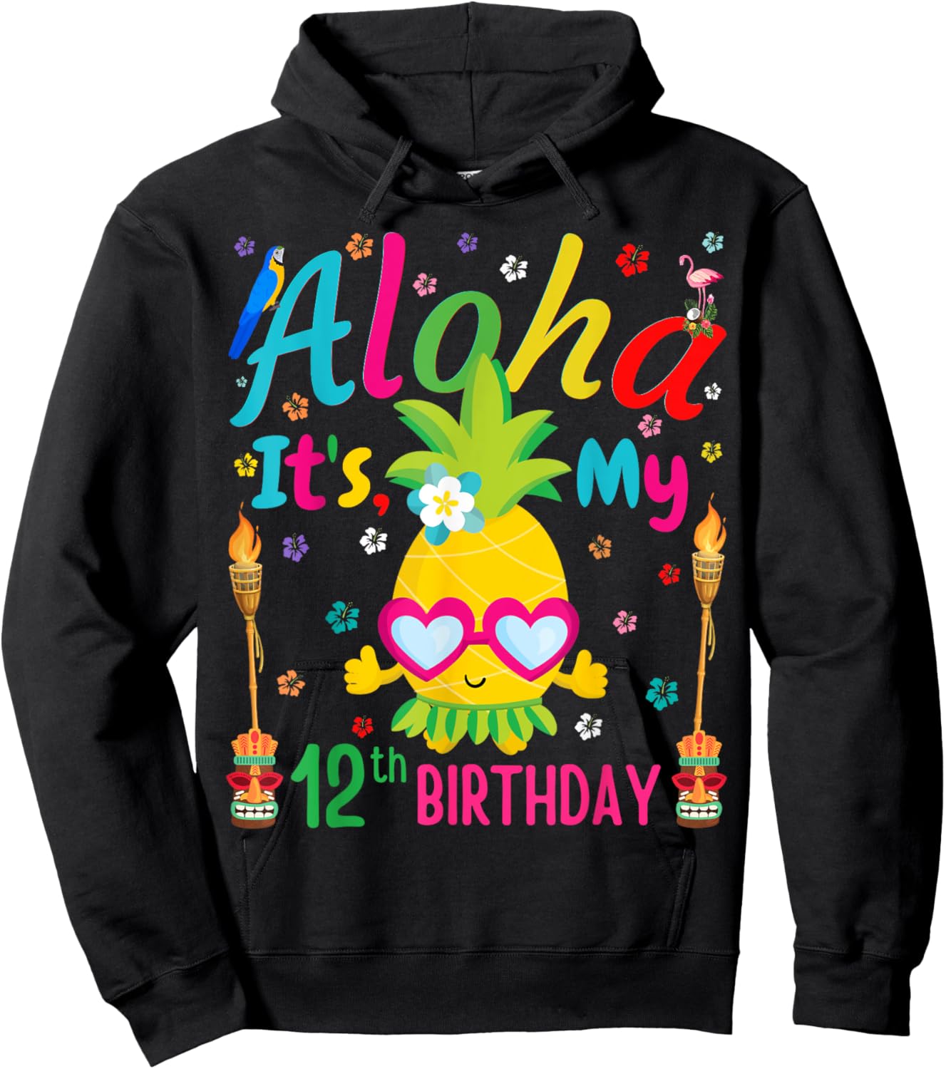 Aloha It's My 12th Birthday Pineapple Hawaii Tropical Girls Hoodie - Hoodie | Black