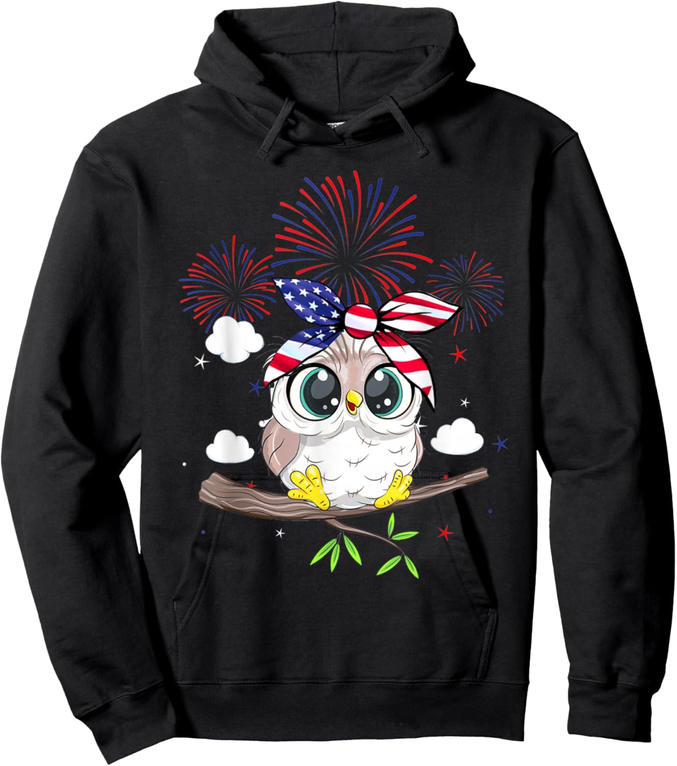 Snowy Owl Graphic Red White Blue Fireworks Decor 4th Of July Kids Men Hoodie - Hoodie | Black