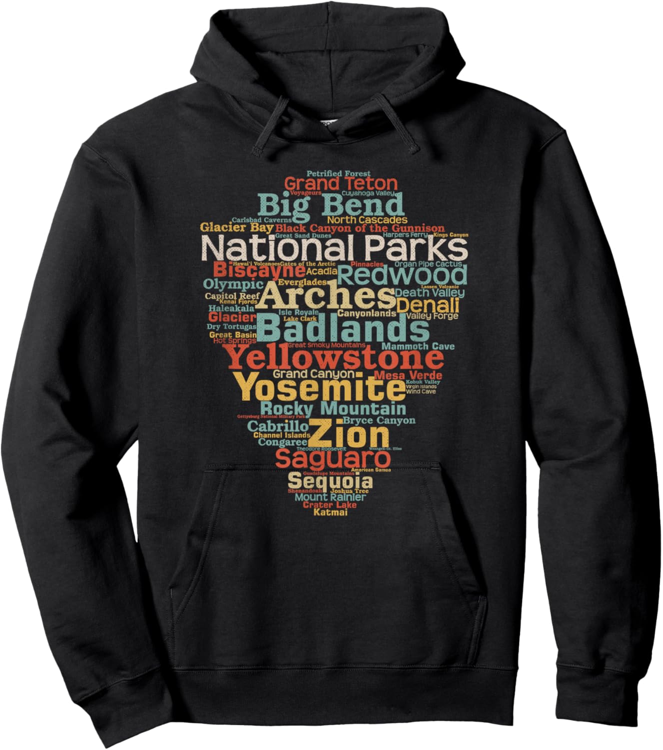 National Parks List Word Cloud Camping Hiking Men Women Kids Short Sleeve Hoodie - Hoodie | Black