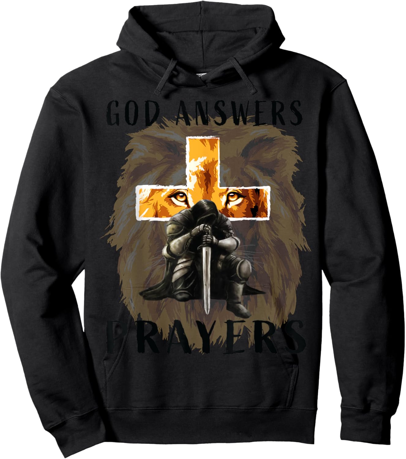 God Answers Prayers Warrior Men Christian Cross Lion Graphic Hoodie - Hoodie | Black