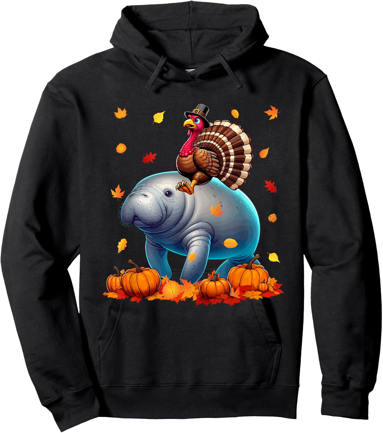Turkey Riding Manatee Thanksgiving Fall Leaves Pumpkins Hoodie - Hoodie | Black