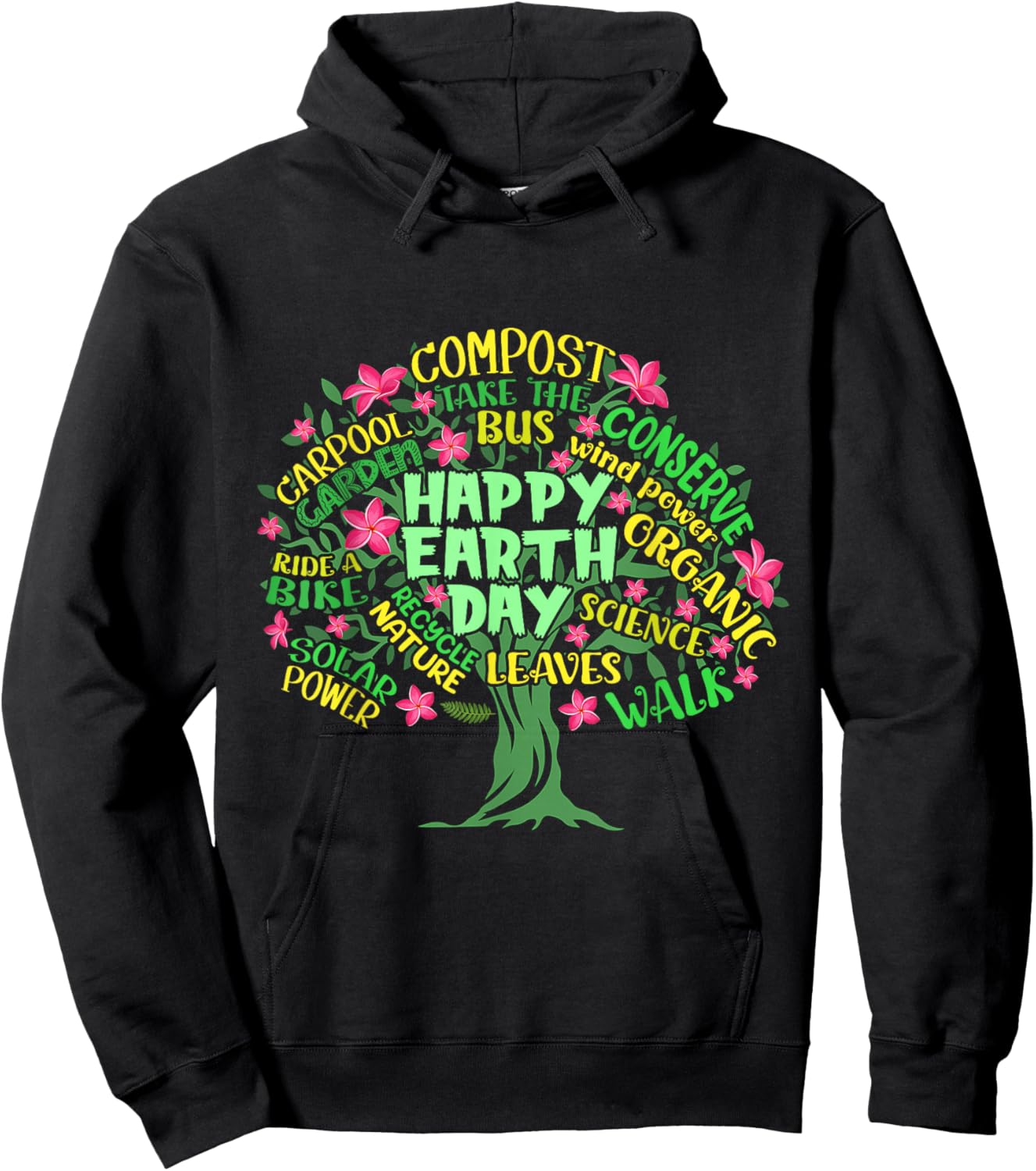 Happy Earth Day Tree Drawing Illustration Word Art Hoodie - Hoodie | Black