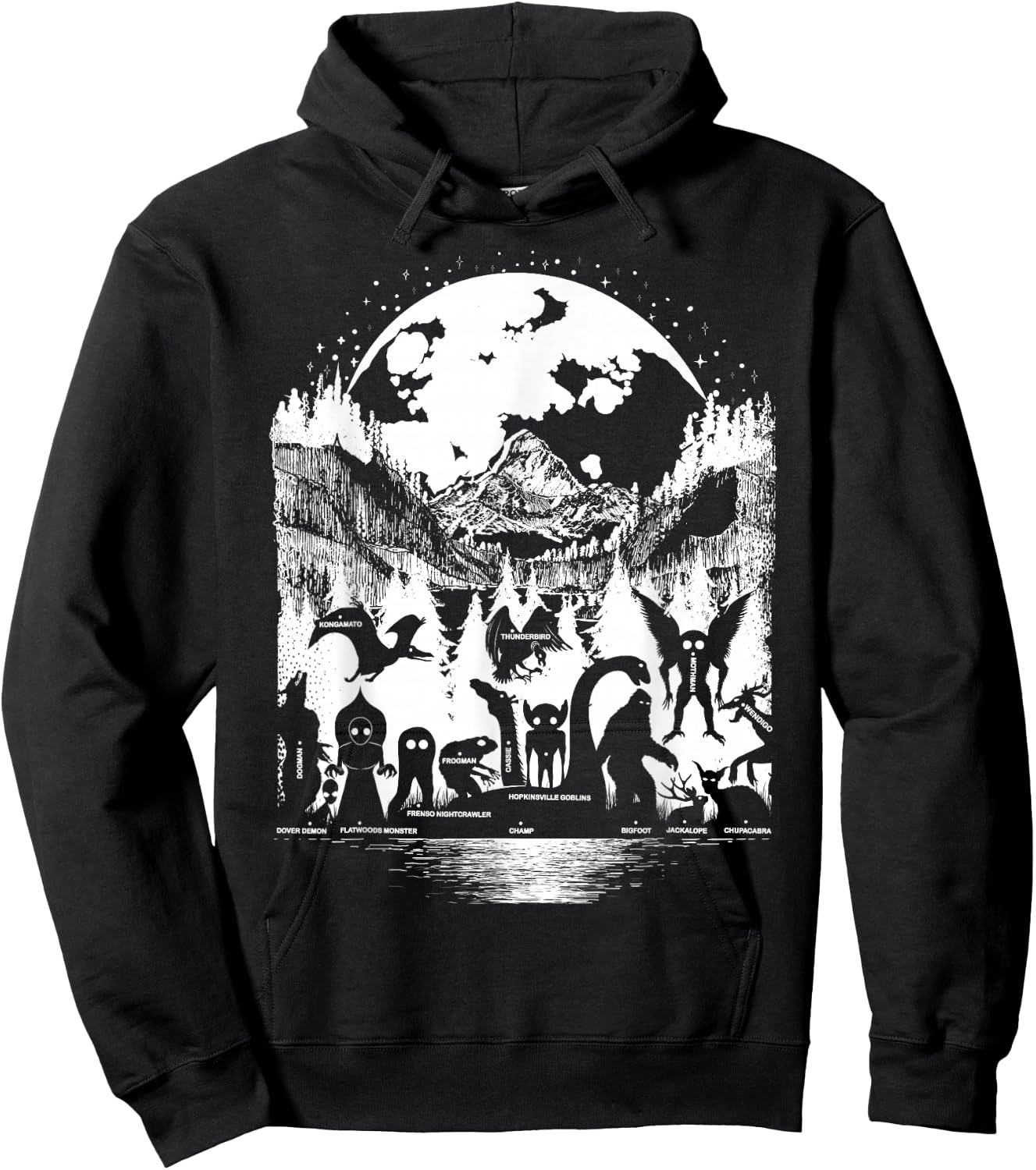 Cryptid Monsters Bigfoot Mothman Dogman Moon Cryptozoology Hoodie - Hoodie | Black