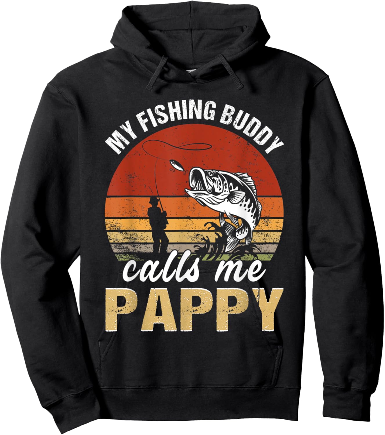 Vintage My Fishing Buddy Calls Me Pappy Family Fathers Day Hoodie - Hoodie | Black