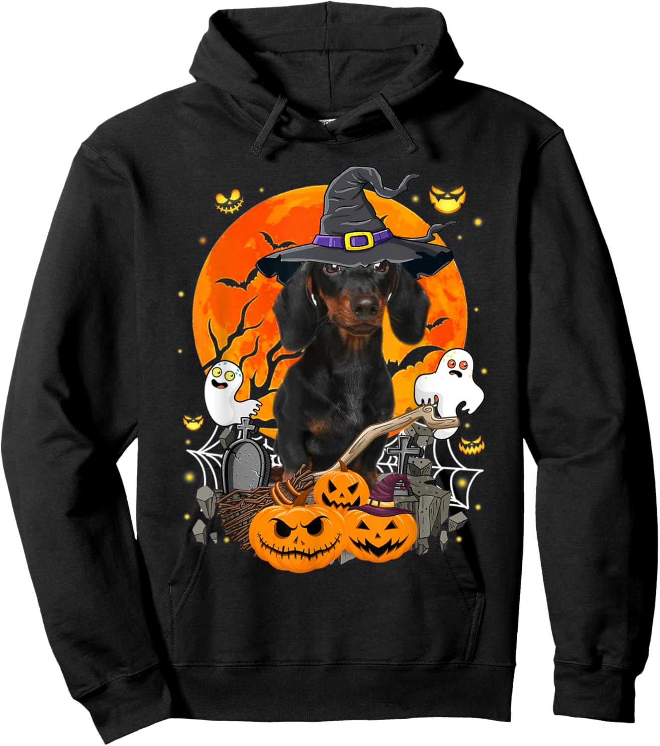 Witchy Dachshund Dog Moon Ghosts Pumpkins Halloween Costume Men Women Kids Hoodie - Hoodie | Black