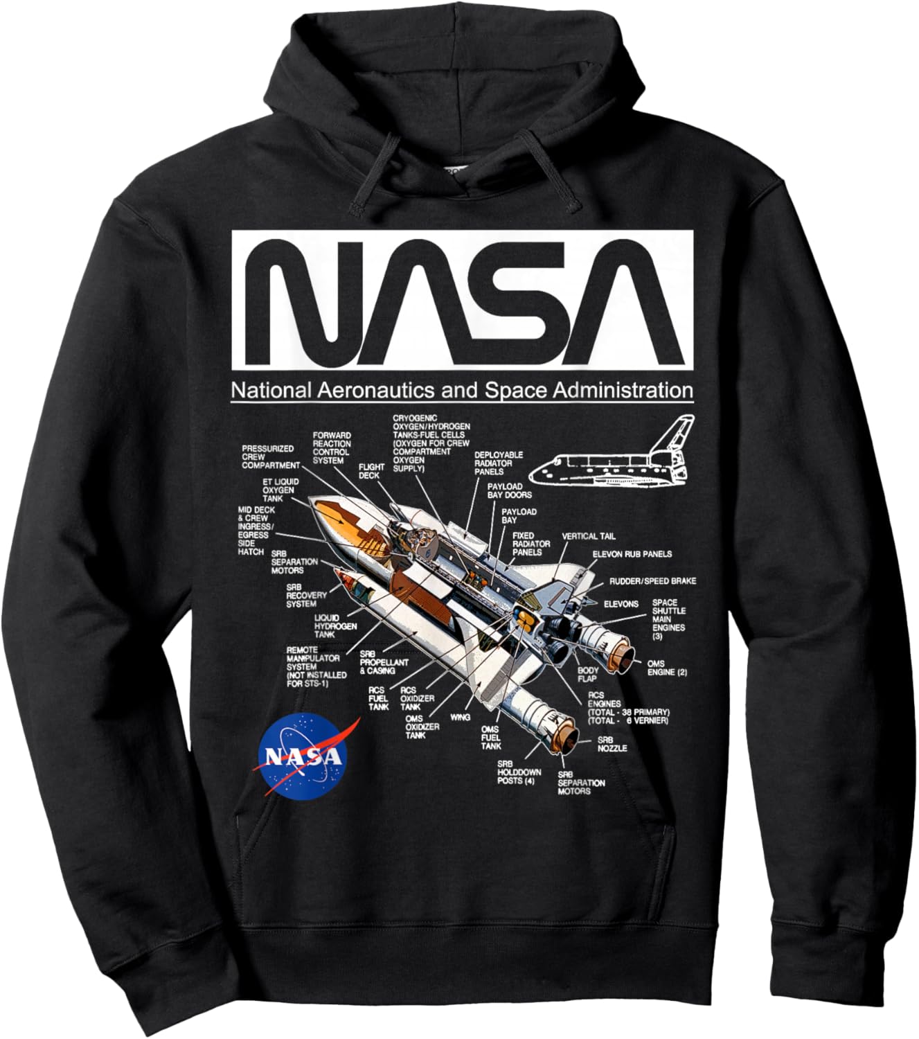 NASA Space Shuttle Schematic Diagram Worm Logo Hoodie - Hoodie | Black
