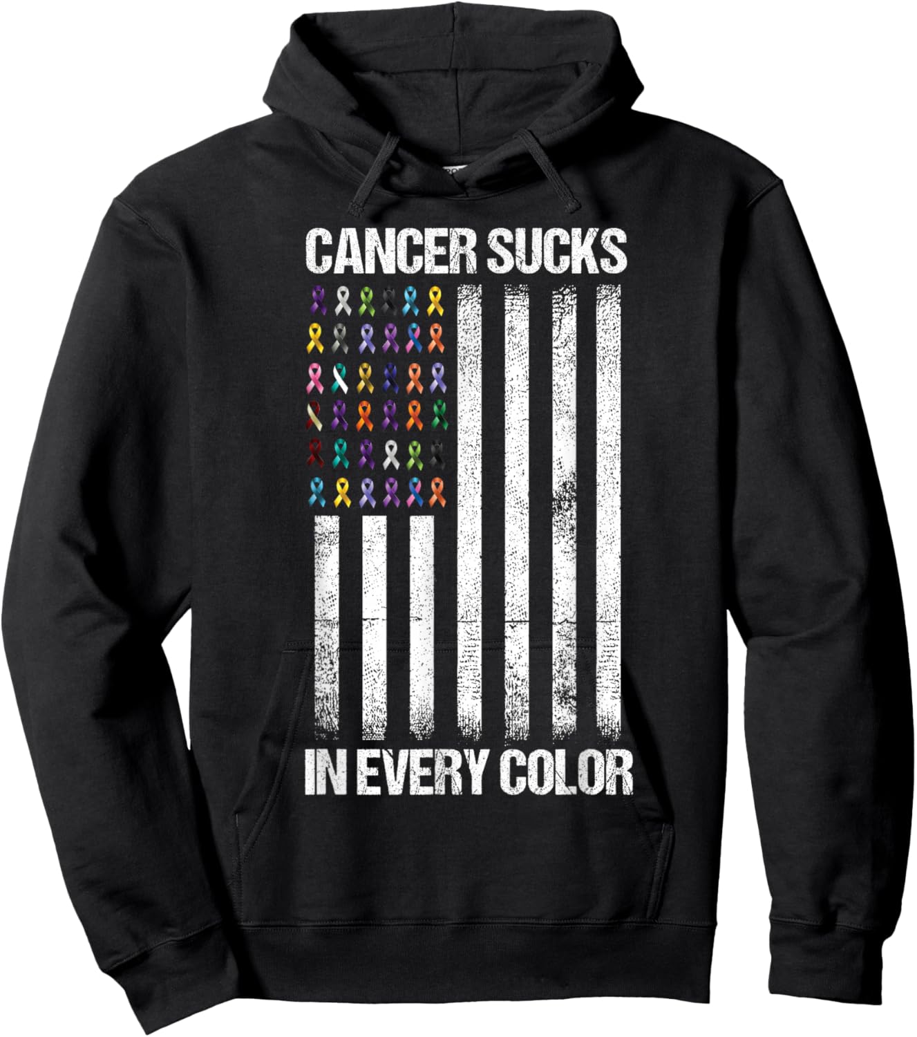 Cancer Sucks in Every Color USA American Flag Ribbons Hoodie - Hoodie | Black
