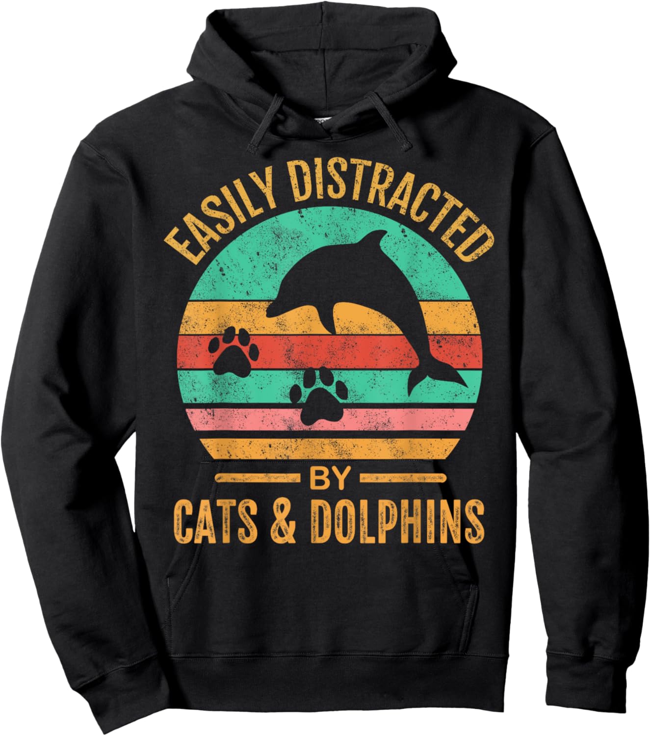 Easily Distracted By Cats & Dolphins Retro Funny Hoodie - Hoodie | Black