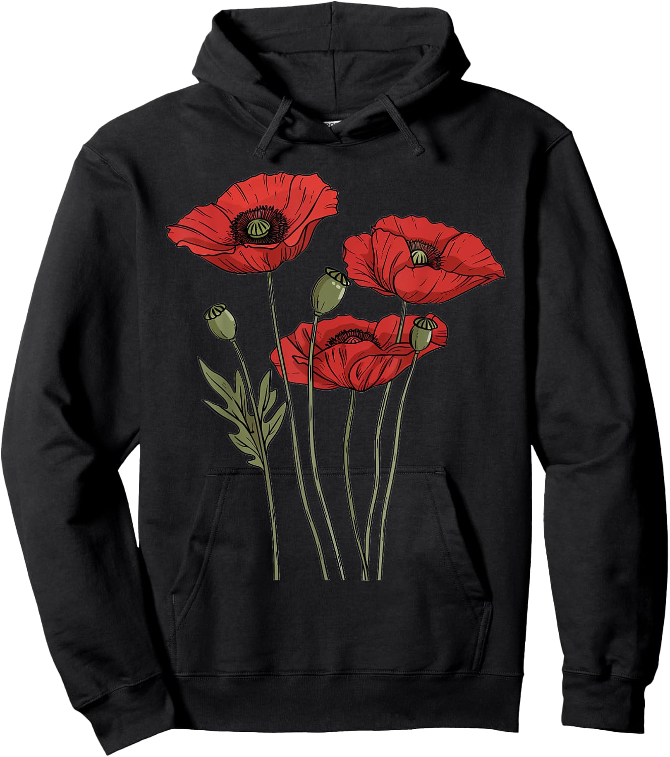 Poppy Flower Botanical Vintage Poppies Floral Hoodie - Hoodie | Black