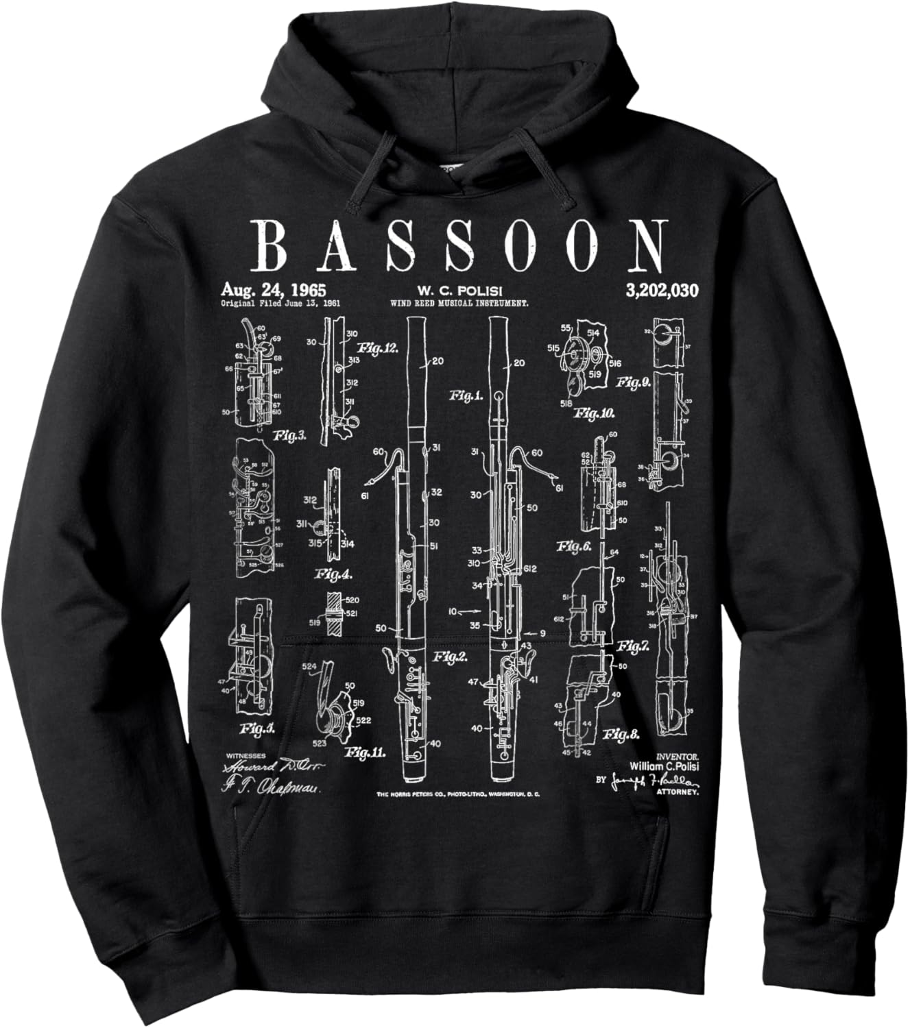 Bassoon Player Vintage Patent Bassoonist Drawing Print Hoodie - Hoodie | Black