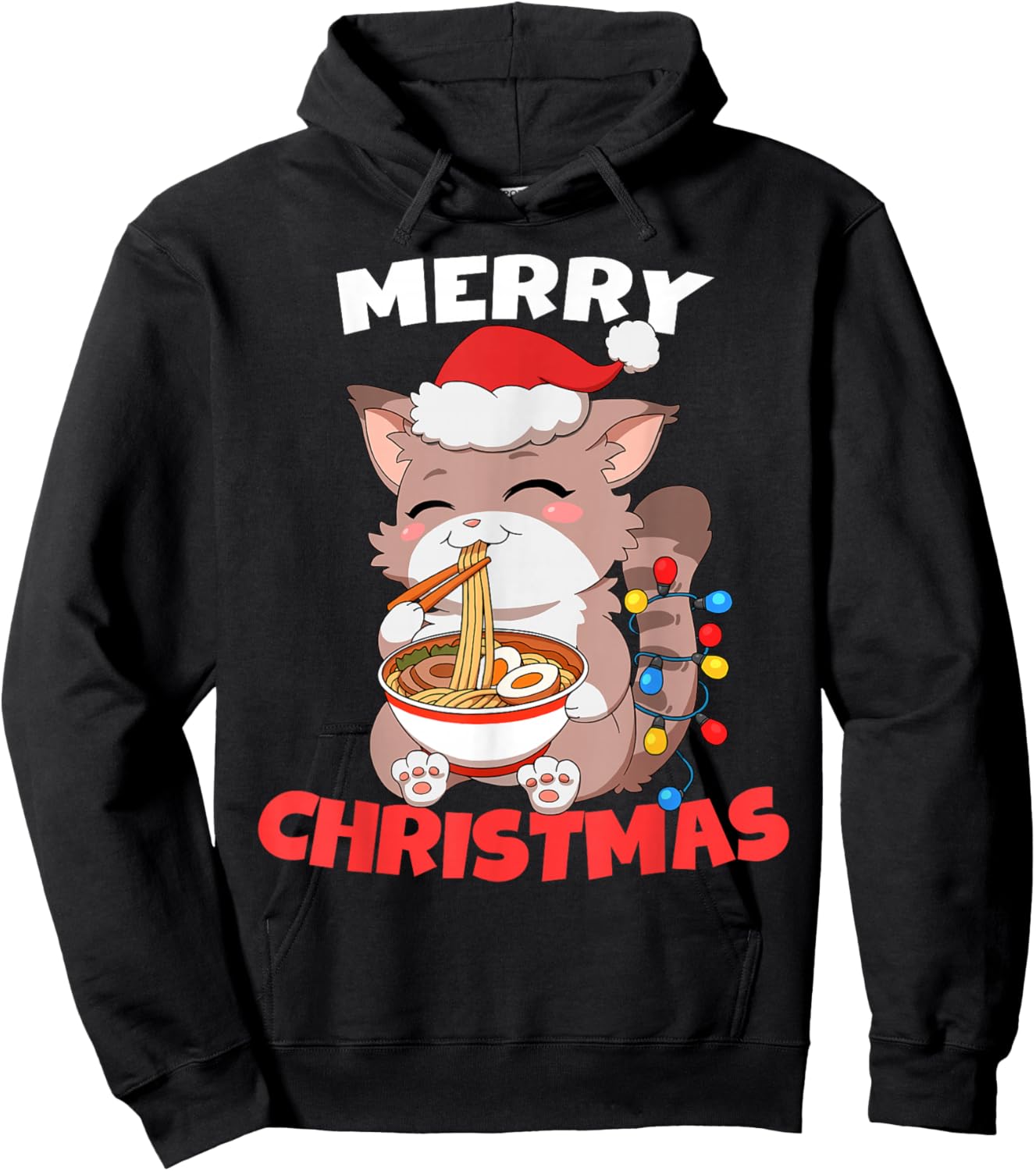 Merry Christmas Anime Kawaii Cat Ramen Xmas Lights Hoodie - Hoodie | Black