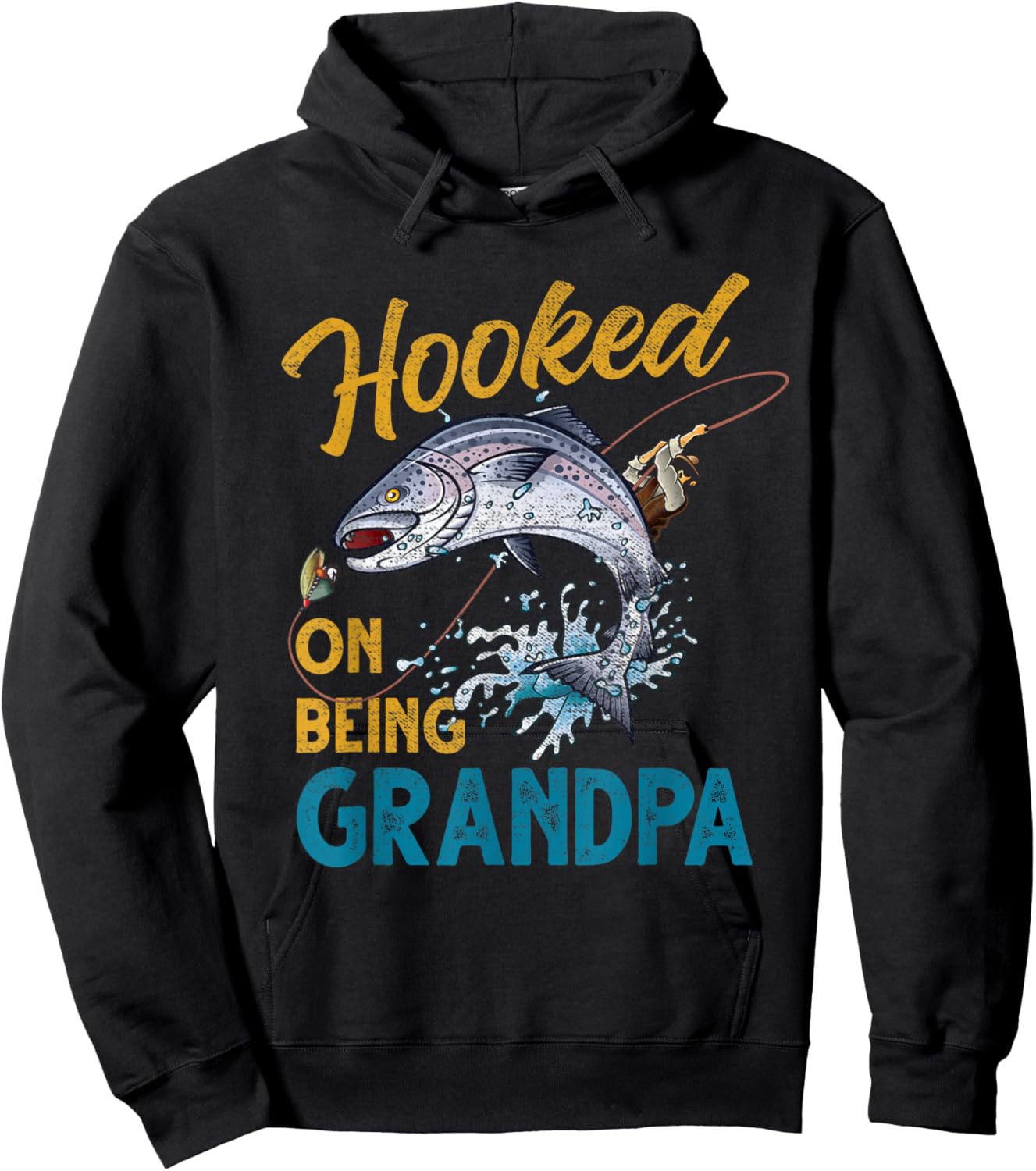 Vintage Hooked On Being Grandpa Funny Fishing Fathers Day Hoodie - Hoodie | Black