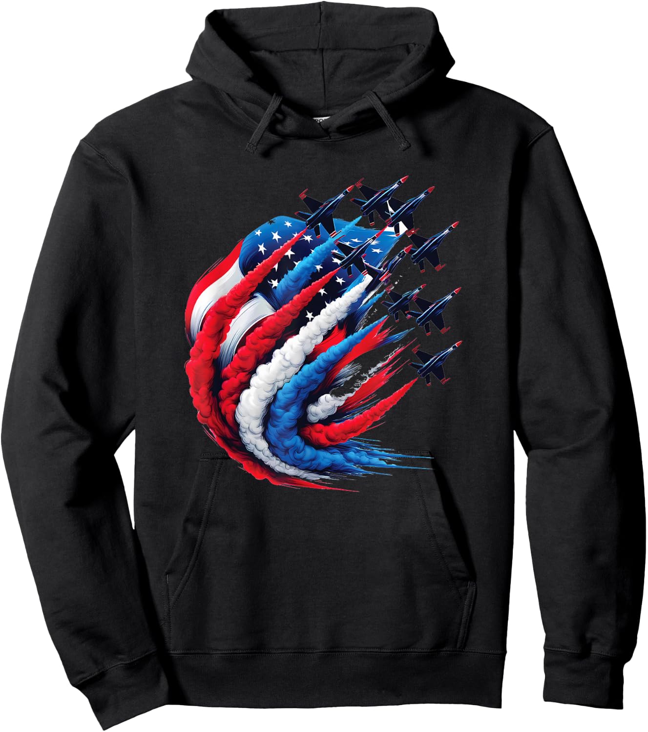 Fighter Jets Patriotic Red White Blue Smoke USA Flag Hoodie - Hoodie | Black