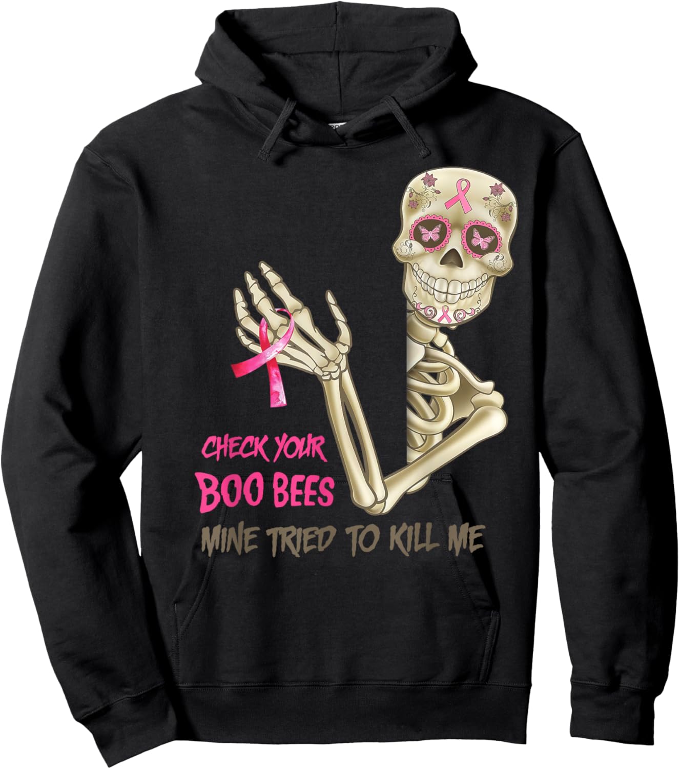 Check Your Boo Bees Mine Tried To Kill Me Breast Cancer Bees Hoodie - Hoodie | Black