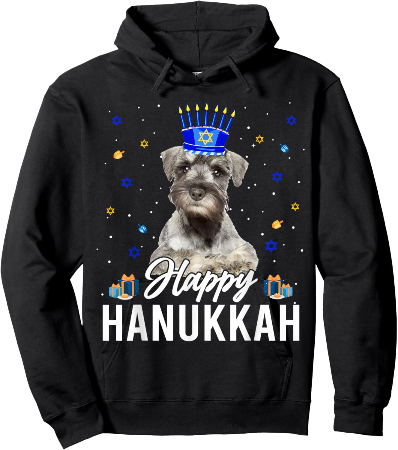 Happy Hanukkah Miniature Schnauzer Menorah Hat Jewish Xmas Hoodie - Hoodie | Black