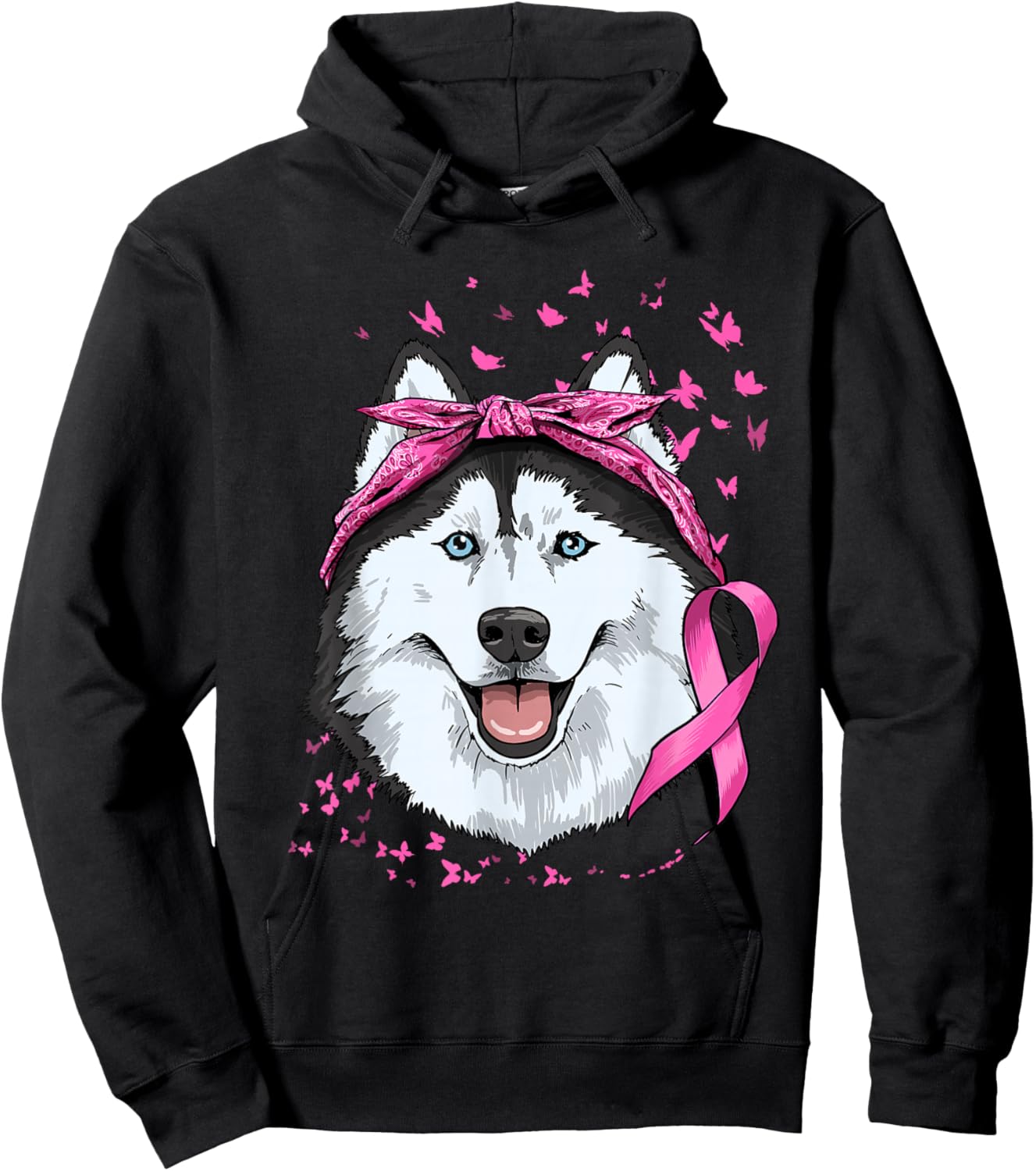 Siberian Husky Pink Ribbon Breast Cancer Awareness Survivor Hoodie - Hoodie | Black