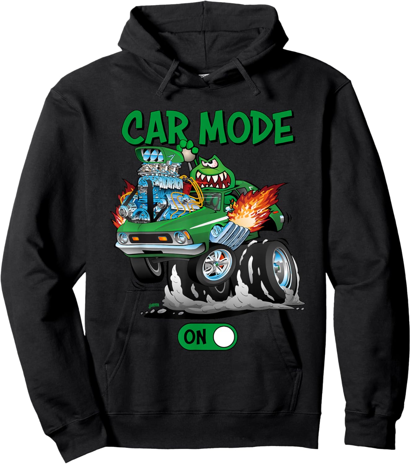 Car Mode On Funny Seventies Classic Car Dragster Cartoon Hoodie - Hoodie | Black