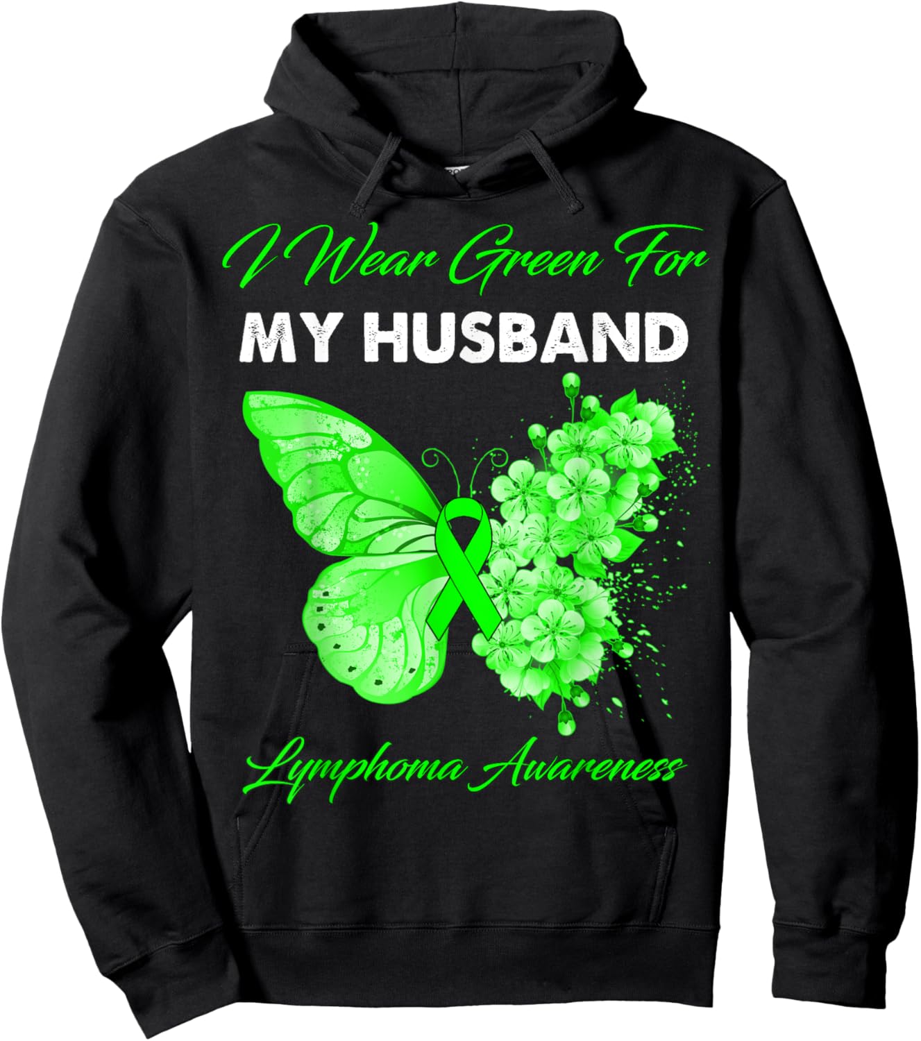 Butterfly I Wear Green For My Husband Lymphoma Awareness Hoodie - Hoodie | Black