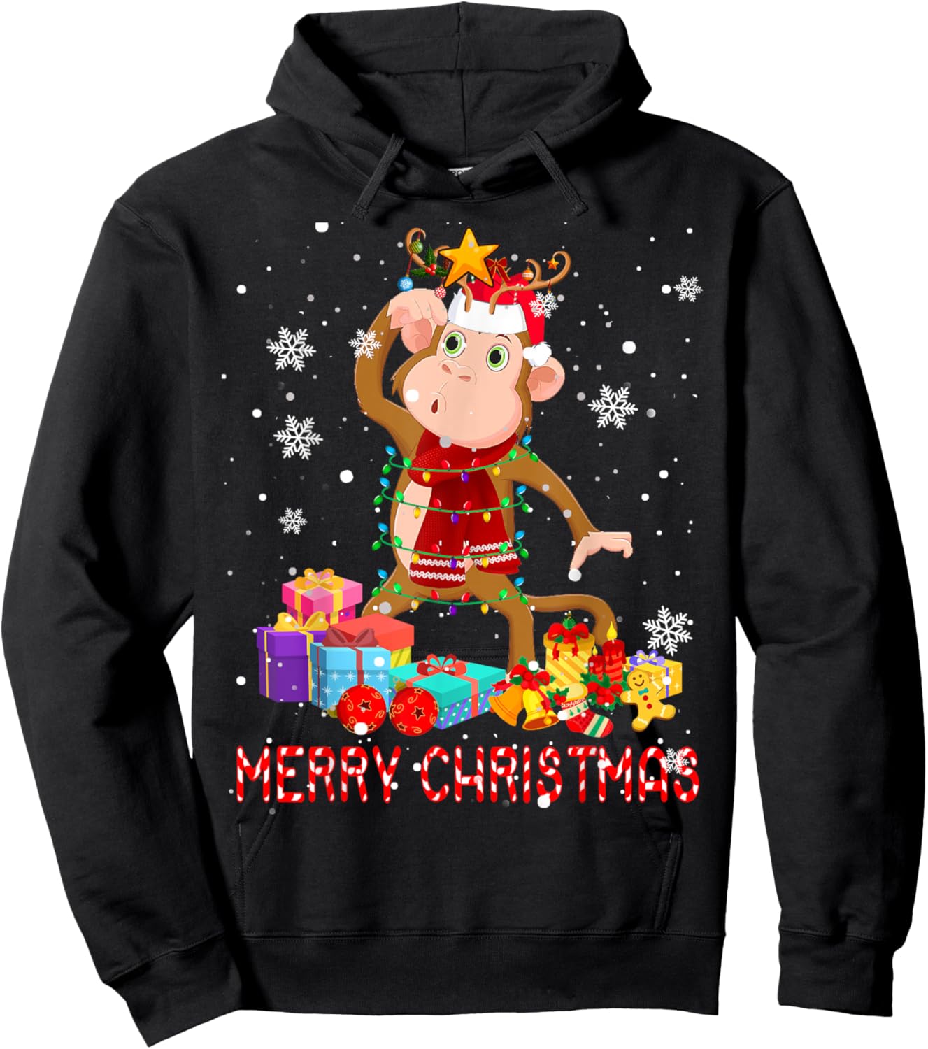 Merry Christmas Cute Christmas Lights Santa Reindeer Monkey Hoodie - Hoodie | Black