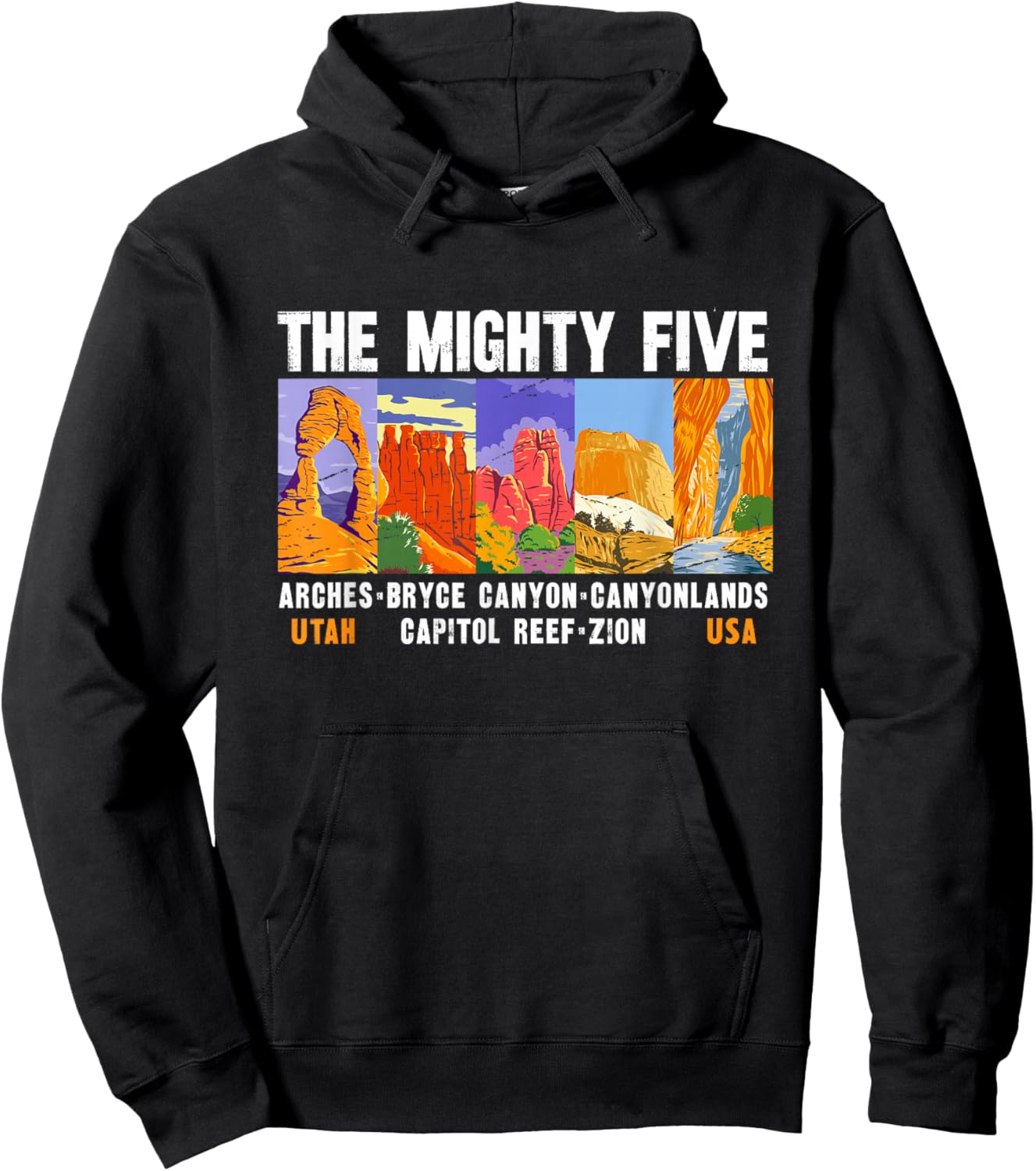Mighty Five Utah National Parks Distressed Vintage Hoodie - Hoodie | Black