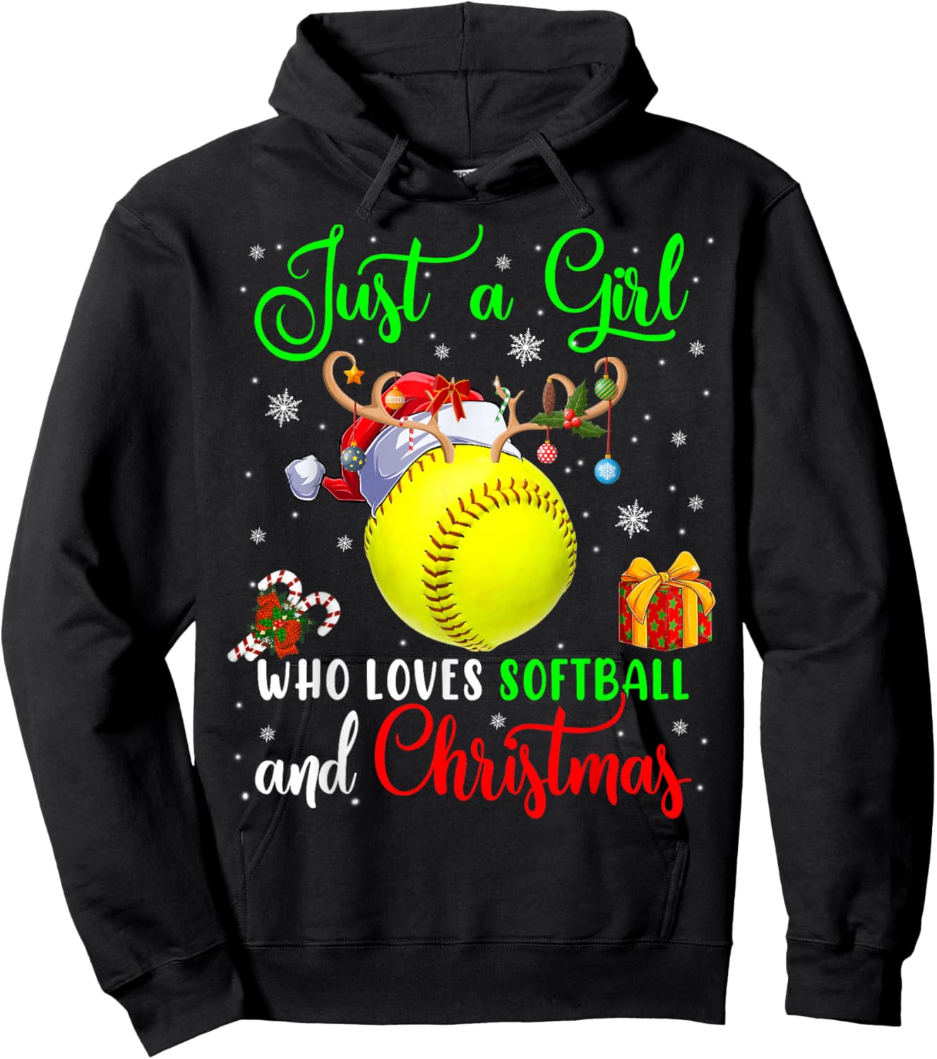 Just A Girl Who Loves Softball And Christmas Santa Reindeer Hoodie - Hoodie | Black