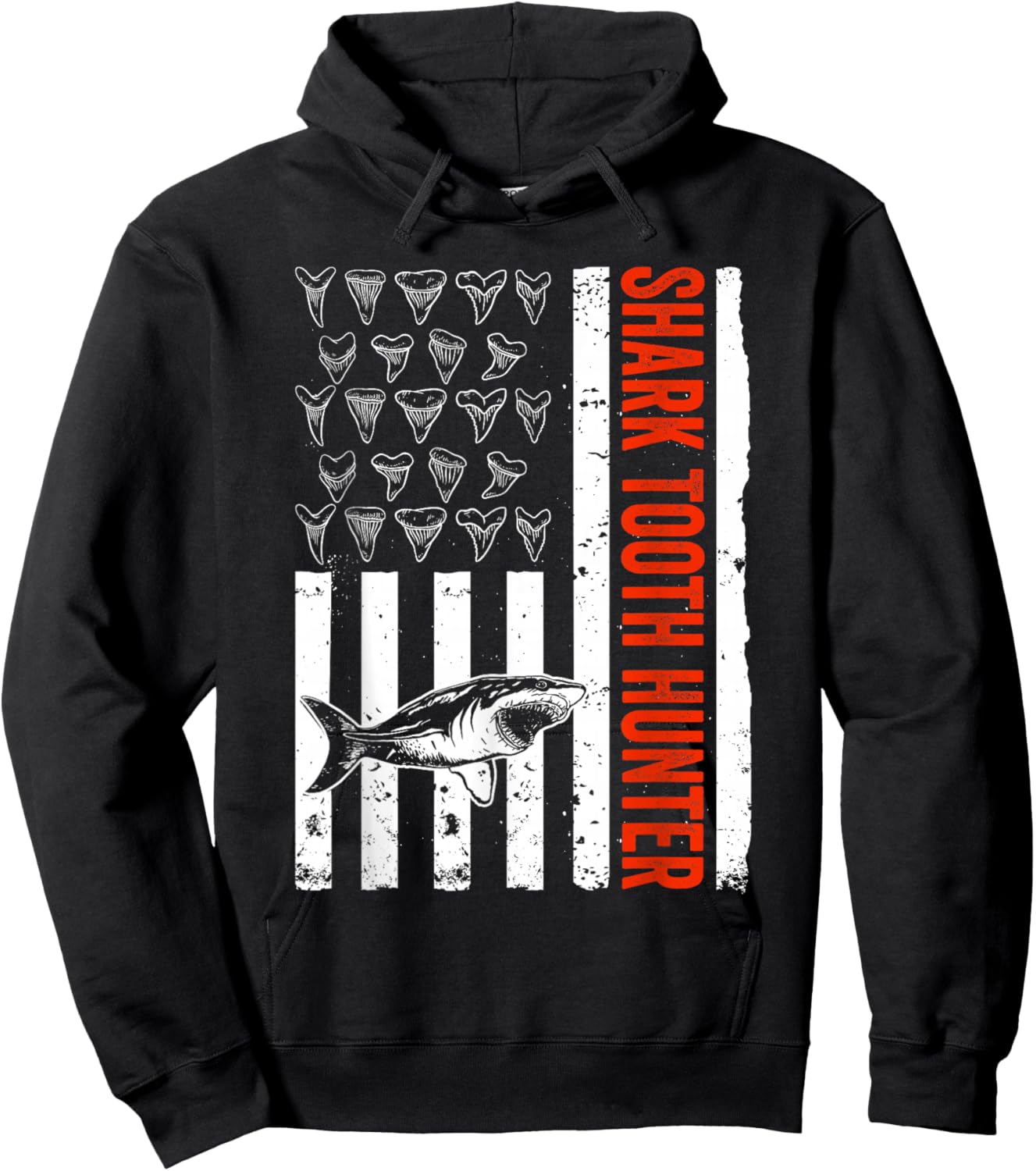 Shark Teeth Collecting US Flag Shark Tooth Hunter Hoodie - Hoodie | Black