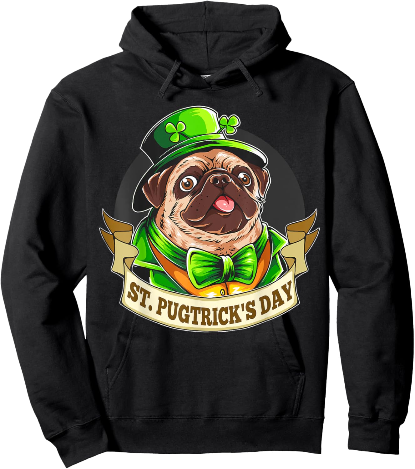 St. Pugtricks Day Pug with a Leprechaun Hat & Shamrock Hoodie - Hoodie | Black