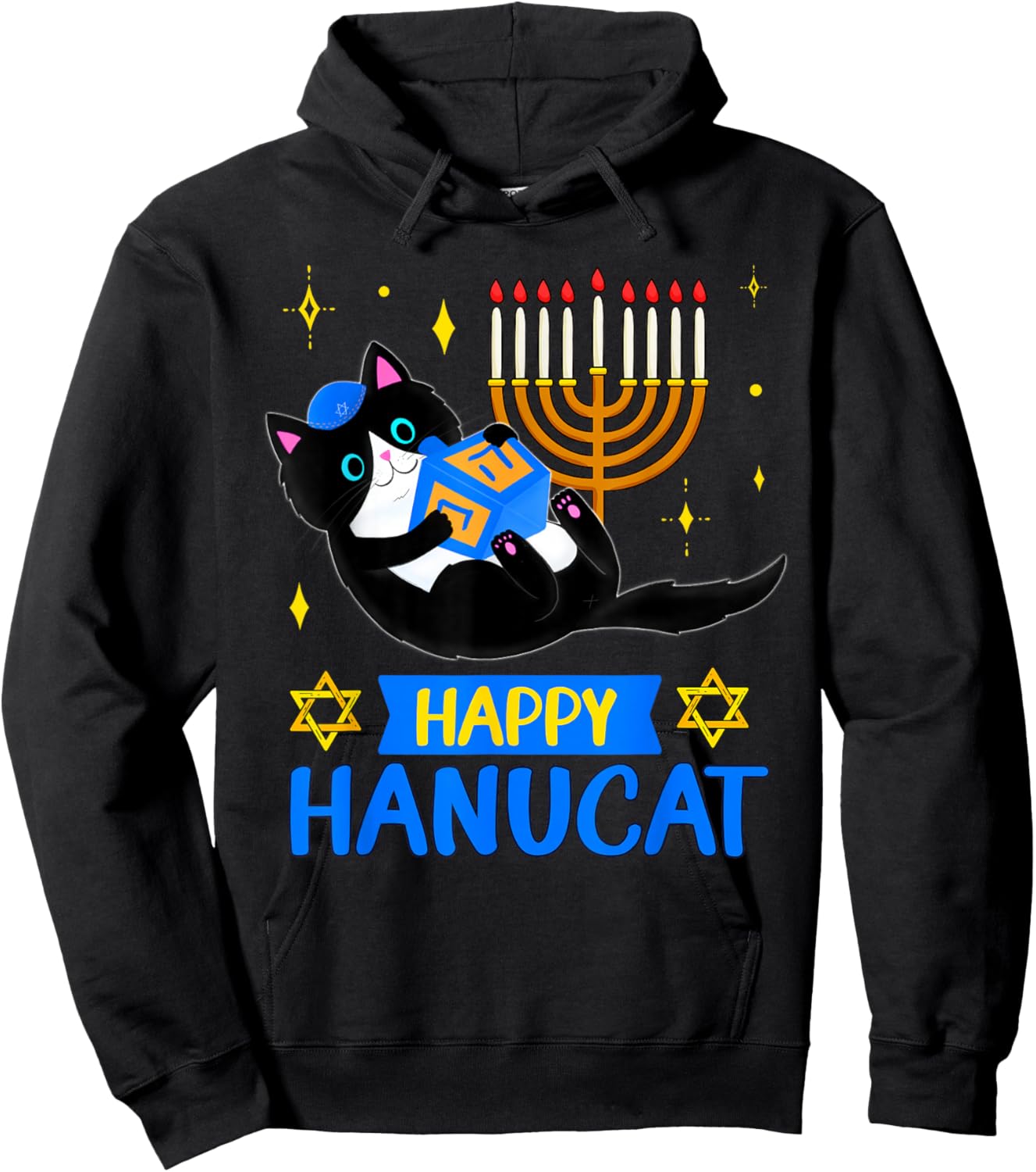 Happy HANUCAT for kids Funny HANUKKAH Cat Menorah for girls Hoodie - Hoodie | Black