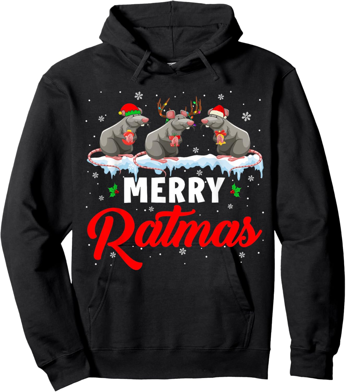 Merry Ratmas Funny Santa ELF Reindeer Rat Christmas Light Hoodie - Hoodie | Black