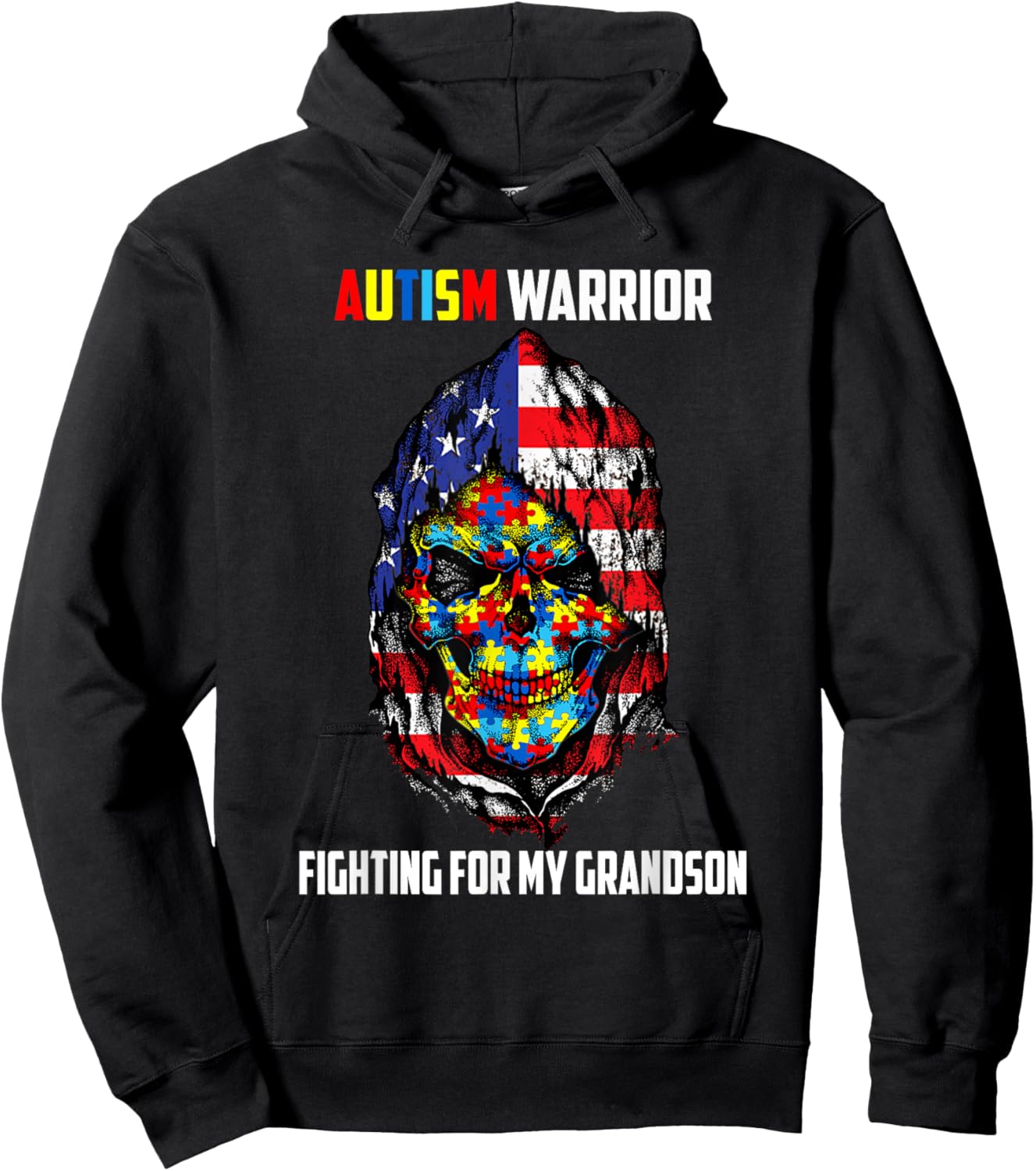 Autism Warrior Fighting For My Grandson Skull American Flag Women Men Hoodie - Hoodie | Black