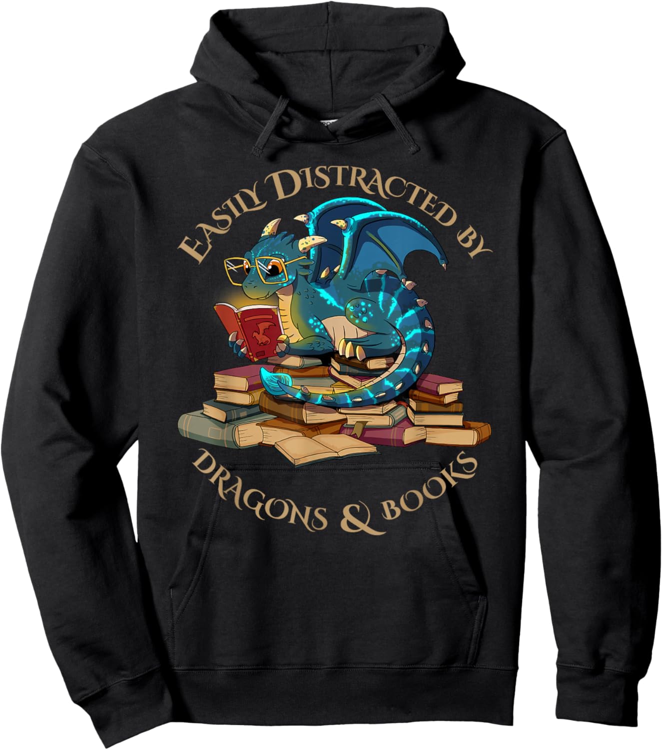 Easily Distracted By Dragons And Books Gift Nerd Dragon Hoodie - Hoodie | Black