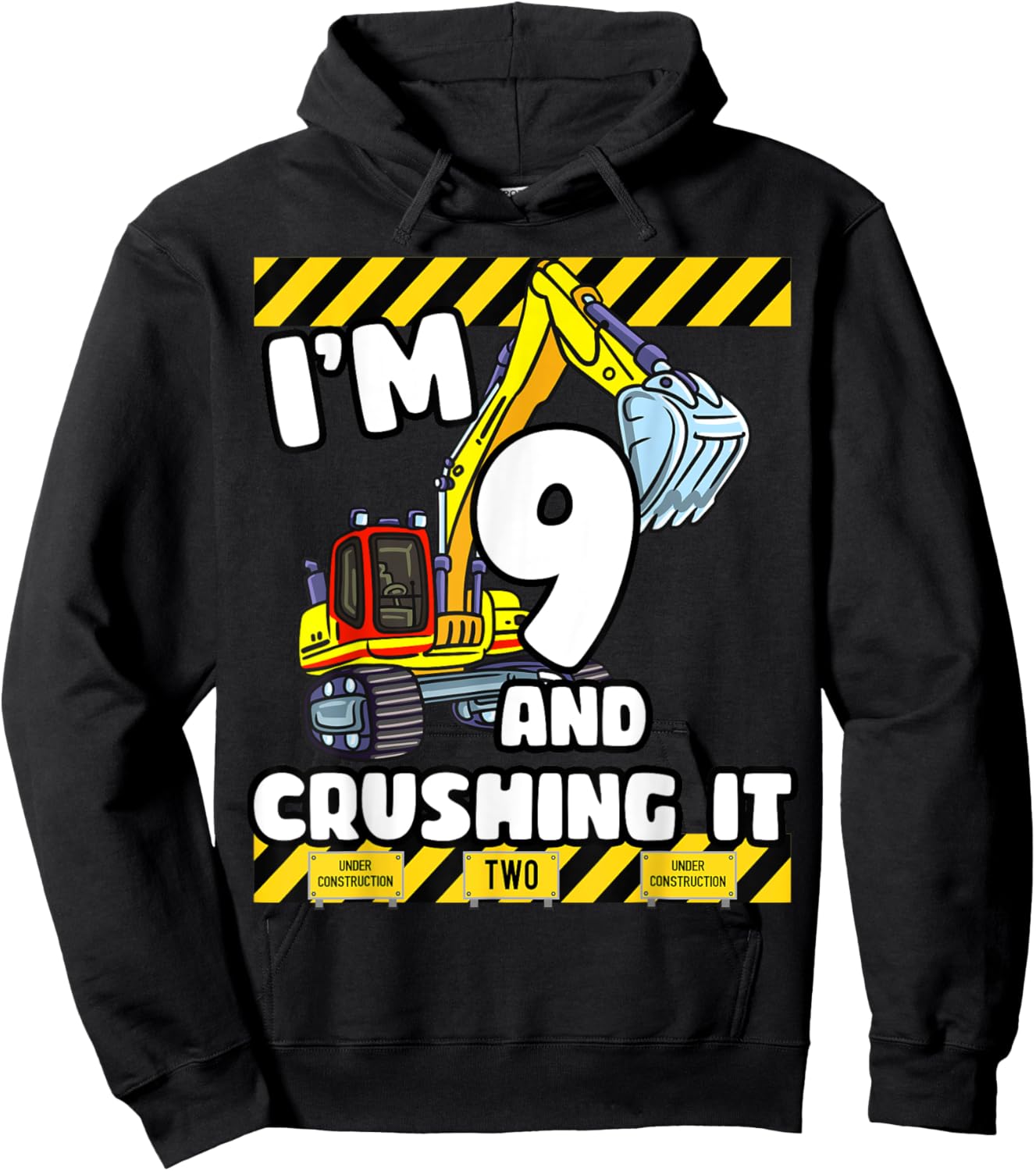 9 Years Old Birthday 9th Construction Party Truck Digger Hoodie - Hoodie | Black