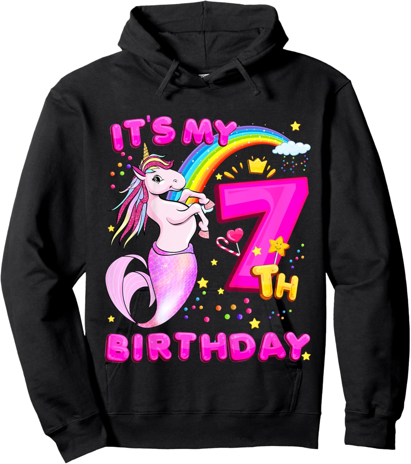 7th Birthday Unicorn Mermaid Girls 7 Years Old Mermicorn Hoodie - Hoodie | Black
