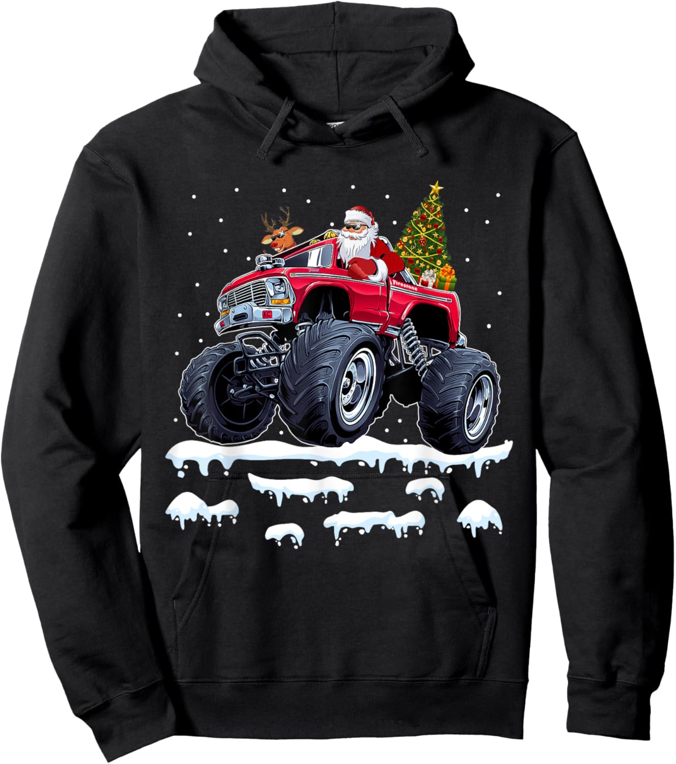 Reindeer Santa Riding Monster Truck Christmas Tree Men Boy Hoodie - Hoodie | Black