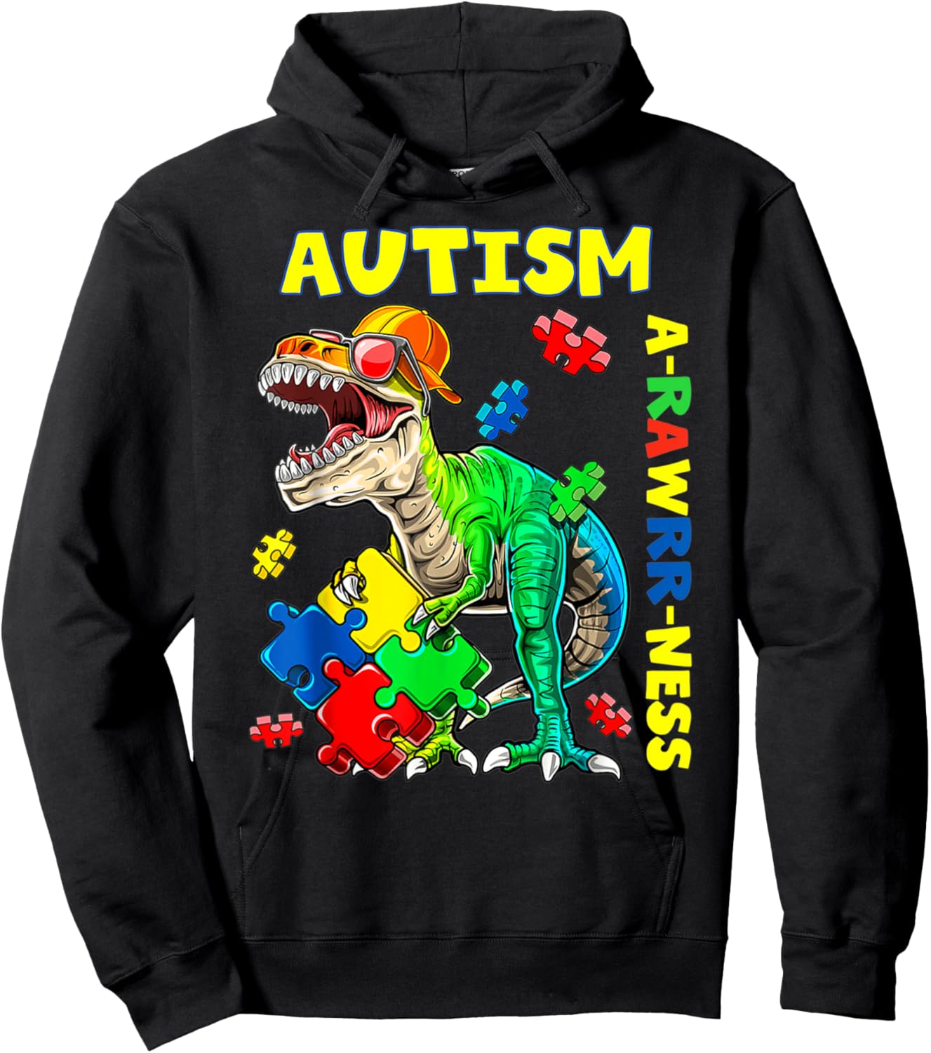 Autism Awareness Dino Autistic Toddler Boys Cute Dinosaur Hoodie - Hoodie | Black