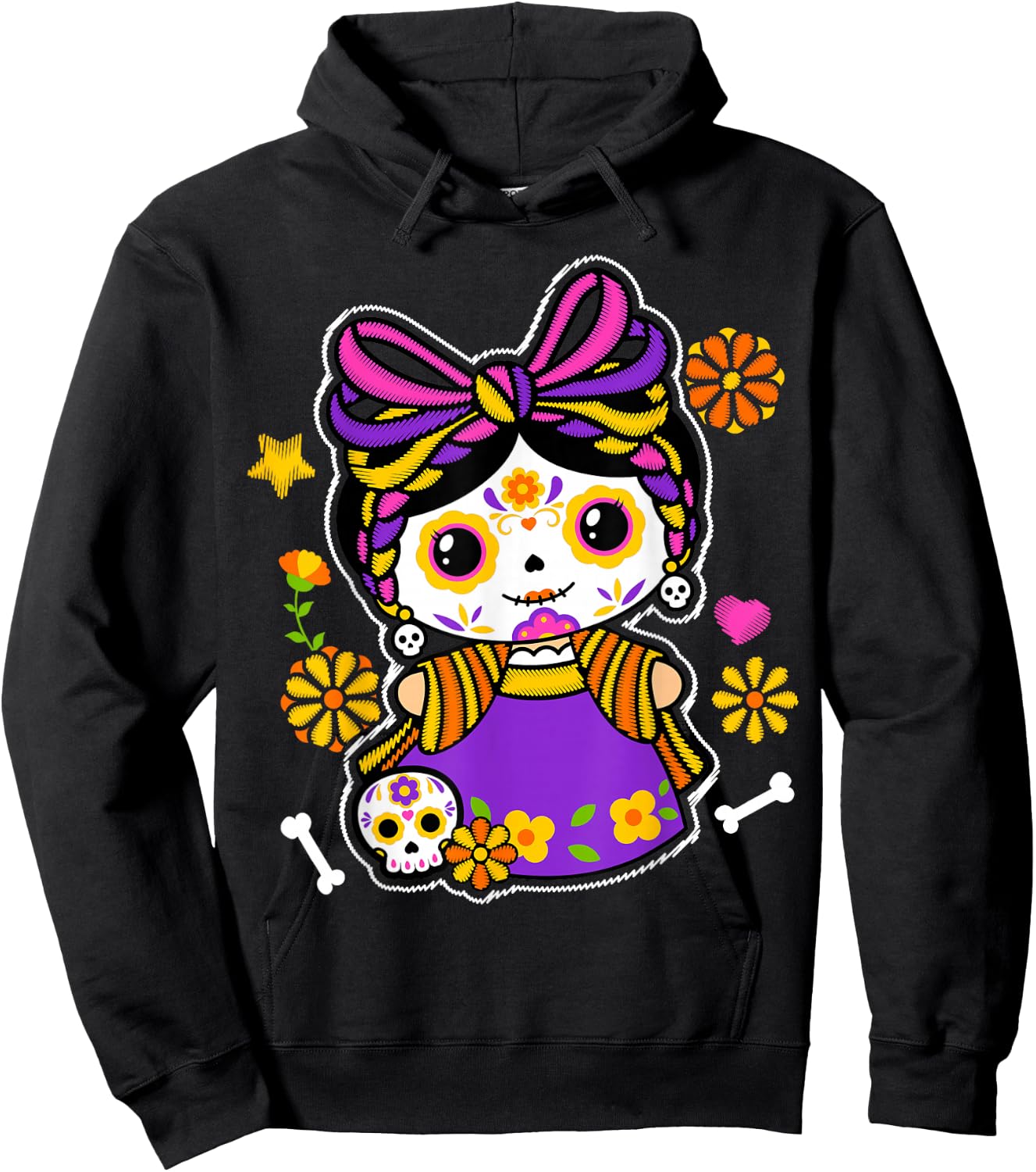 Catrina Floral Sugar Skull Mexican Roses Flowers Skeleton Hoodie - Hoodie | Black