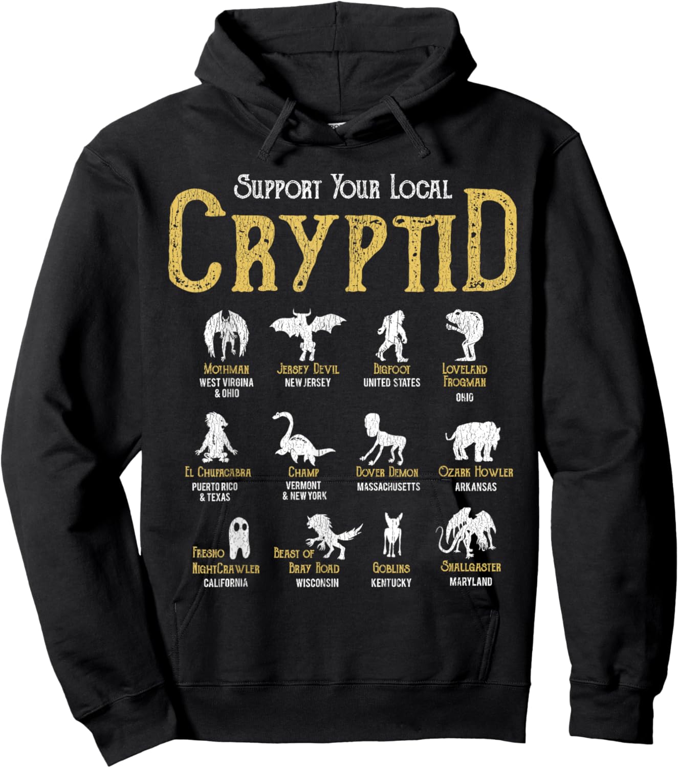 Support Your Local Cryptid Vintage Funny Cryptozoology Hunt Hoodie - Hoodie | Black