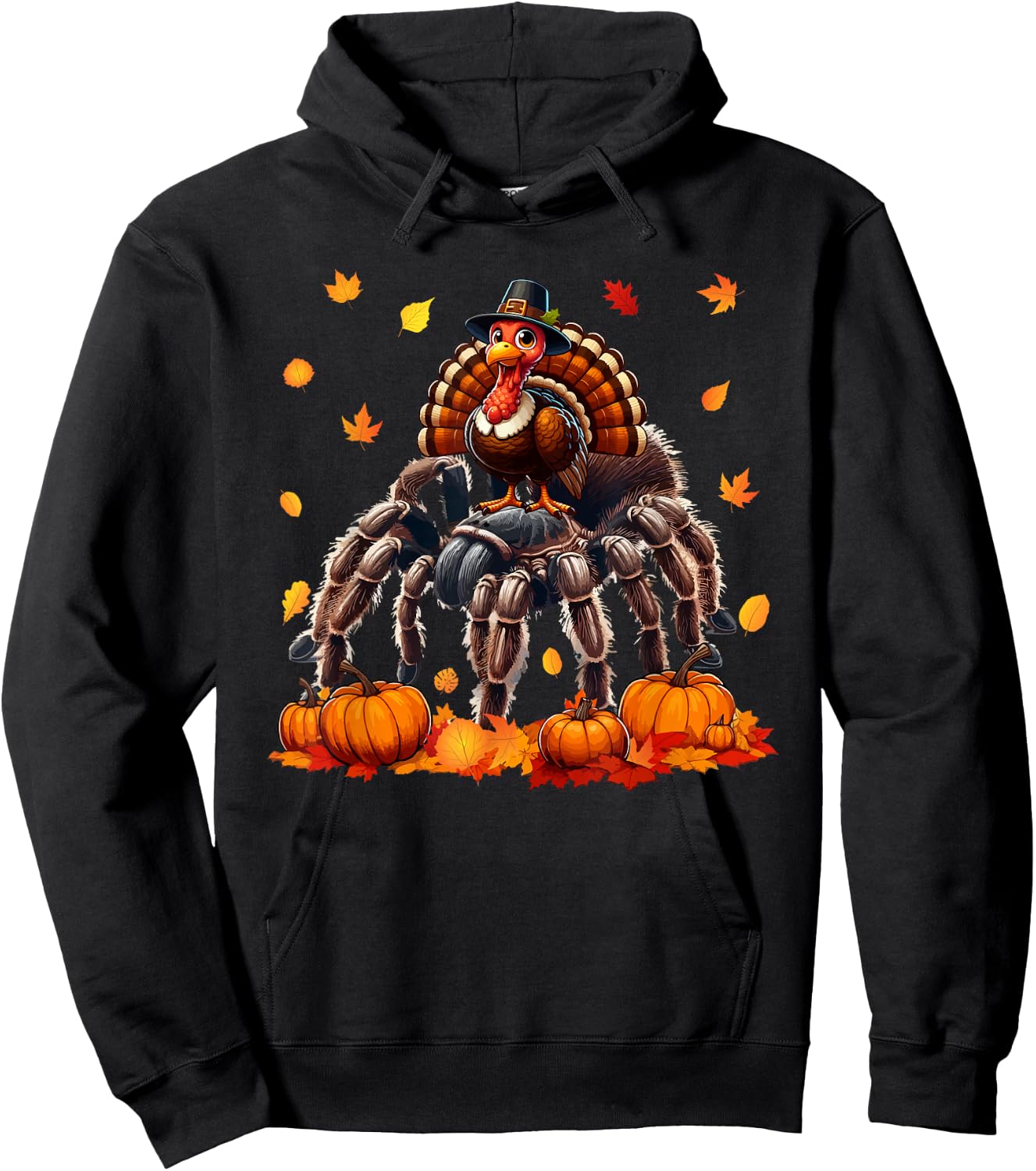 Turkey Riding Tarantula Thanksgiving Fall Leaves Pumpkins Hoodie - Hoodie | Black