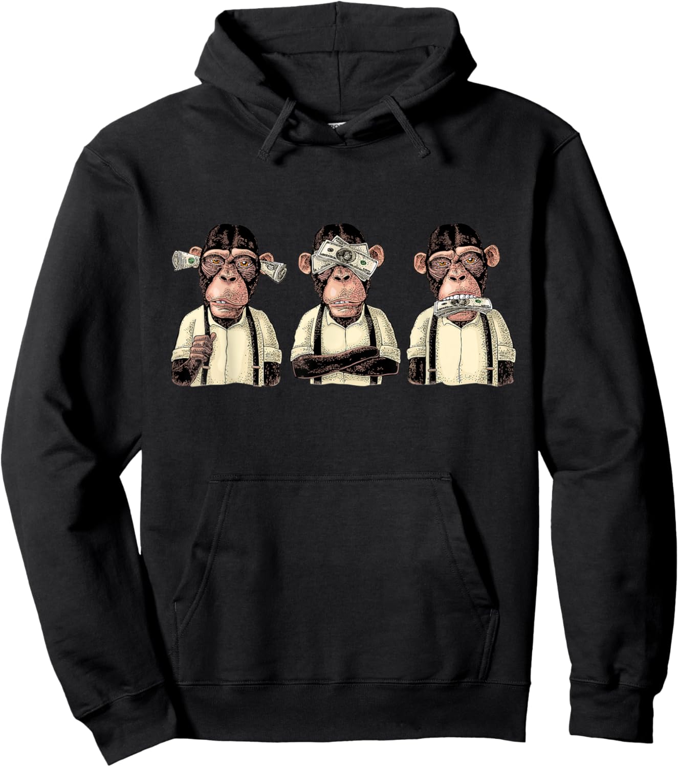 Money A Bag HEAR NO SEE NO SPEAK NO EVIL Monkey Dollar Bills Hoodie - Hoodie | Black