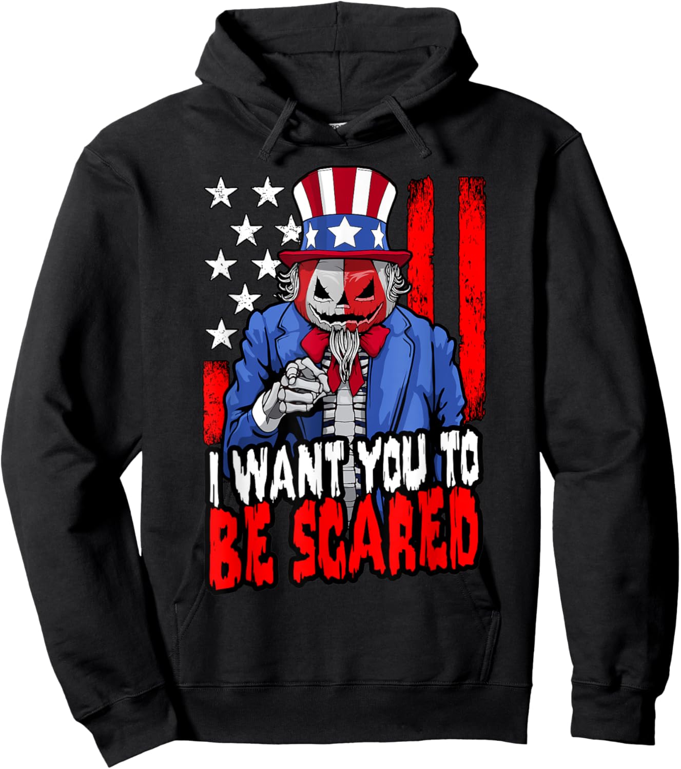 Patriotic Halloween Zombie Uncle Sam Pumpkin Scared USA Flag Hoodie - Hoodie | Black