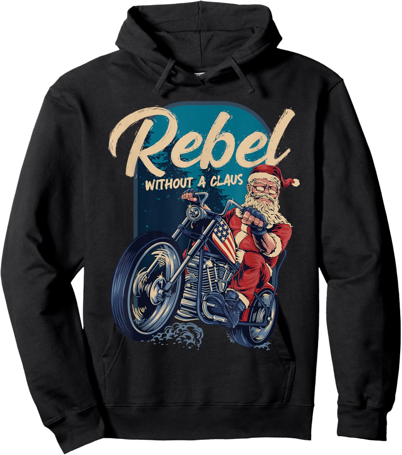 Rebel Without A Claus Santa Biker Christmas Funny Pun Hoodie - Hoodie | Black