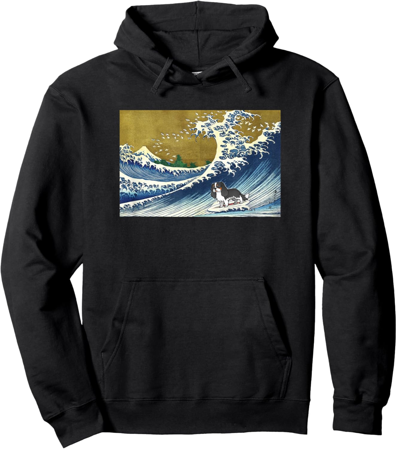 Funny Surfing A Great Great Wave Tricolor Cavalier Dog Lover Hoodie - Hoodie | Black